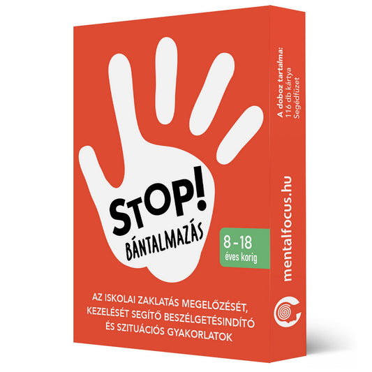 STOP! Bántalmazás beszélgetésindító kártyajáték doboza iskolai zaklatás megelőzéséhez, 8–18 éves korig.