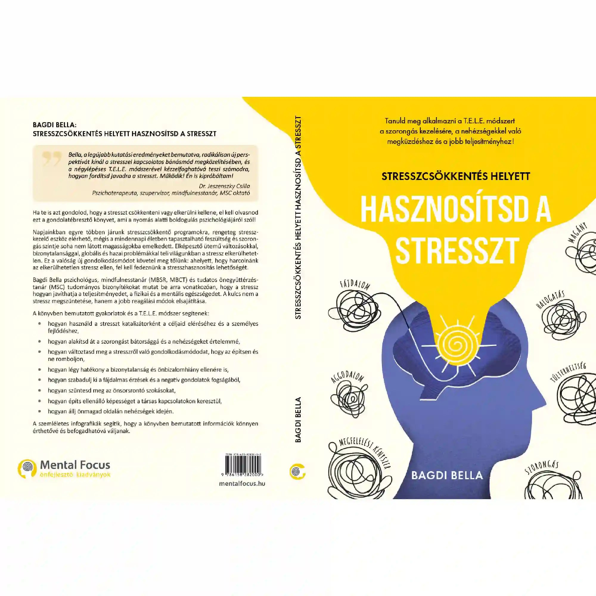 Stresszcsökkentés helyett hasznosítsd a stresszt könyv teljes borítója és hátoldala egy képen. A kiadvány bemutatja a T.E.L.E. módszert, amely segít a stressz, a szorongás és a mindennapi nehézségek tudatos kezelésében.