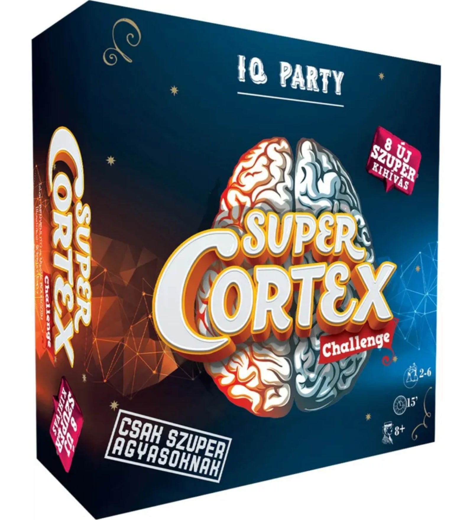 Super Cortex Challenge – IQ Party társasjáték doboza, agy grafikával és „8 új szuper kihívás” felirattal, 2–6 játékos részére.