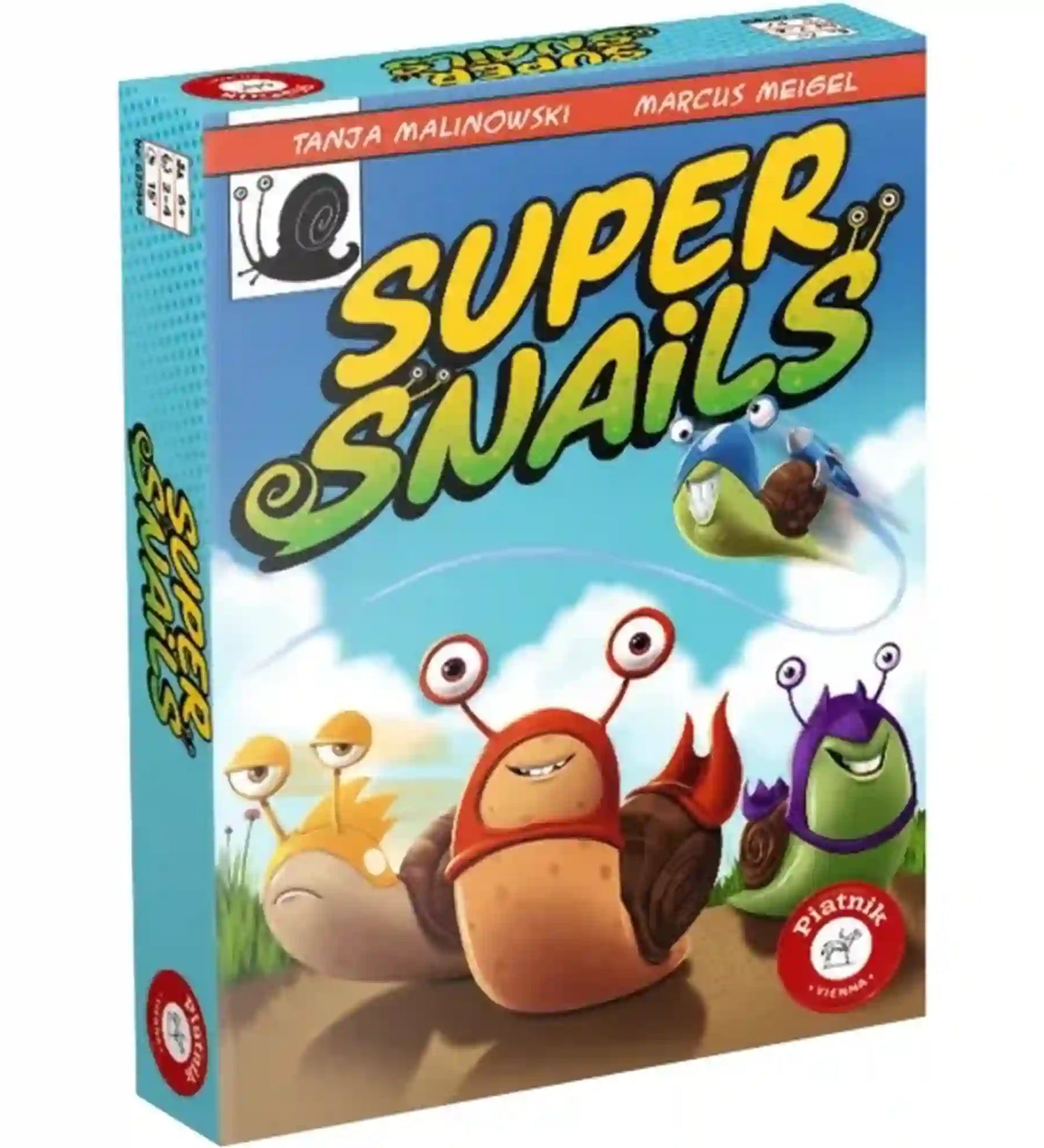 A Super Snails társasjáték doboza vidám, rajzfilmszerű csigákkal a középpontban. A színes borítón különböző karakteres csigák versenyeznek, miközben egy szárnyas csiga elszáguld felettük, jól tükrözve a játék humoros és pörgős hangulatát.