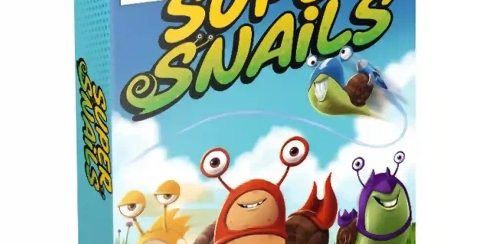A Super Snails társasjáték doboza vidám, rajzfilmszerű csigákkal a középpontban. A színes borítón különböző karakteres csigák versenyeznek, miközben egy szárnyas csiga elszáguld felettük, jól tükrözve a játék humoros és pörgős hangulatát.
