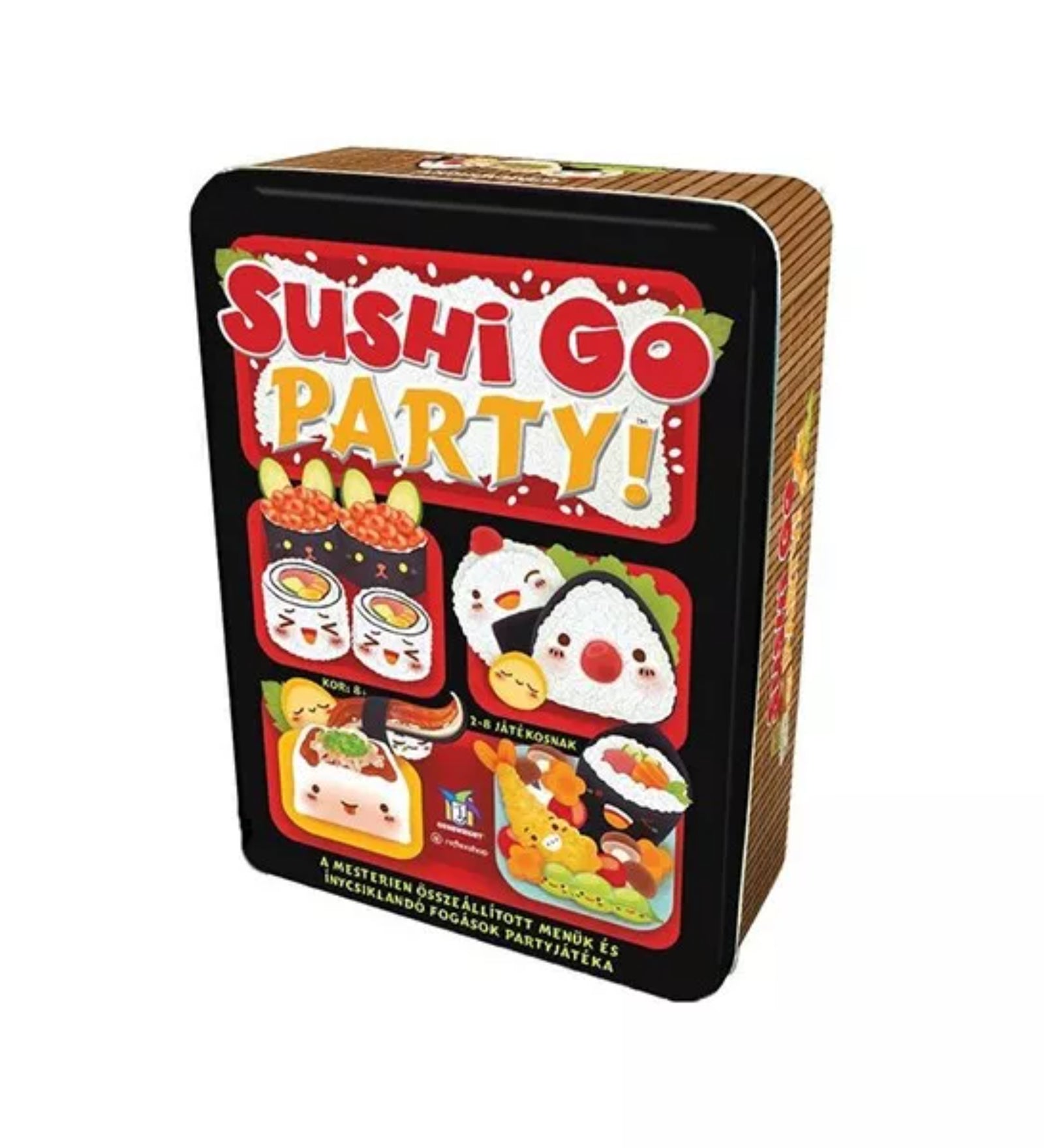 A képen a sushi go party dobozának képe látható. A képe felső részén a cím pirossal és sárgával van ábrázolva. Míg a doboz többi részén suhi menük vannak feltüntetve. 