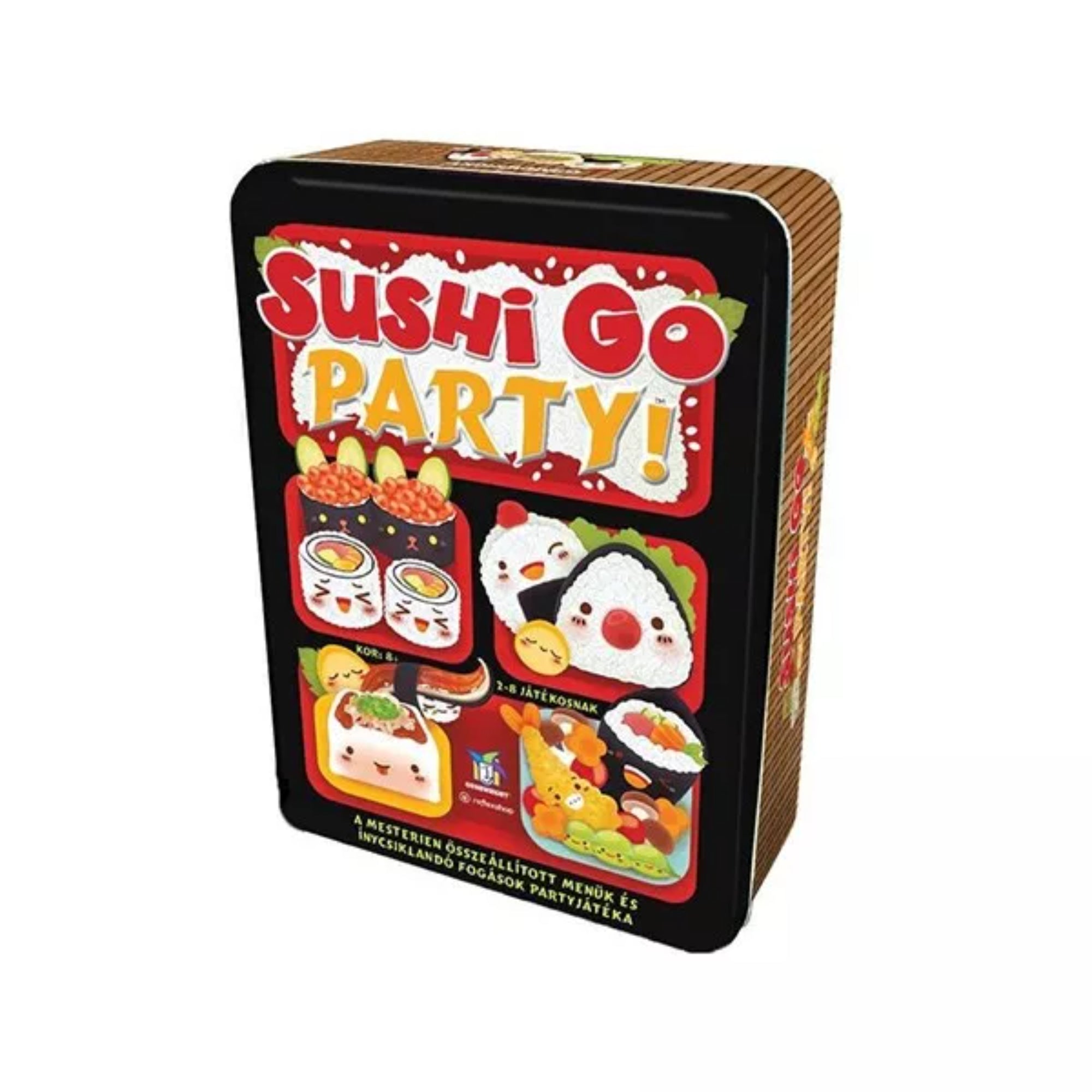 A képen a sushi go party dobozának képe látható. A képe felső részén a cím pirossal és sárgával van ábrázolva. Míg a doboz többi részén suhi menük vannak feltüntetve. 