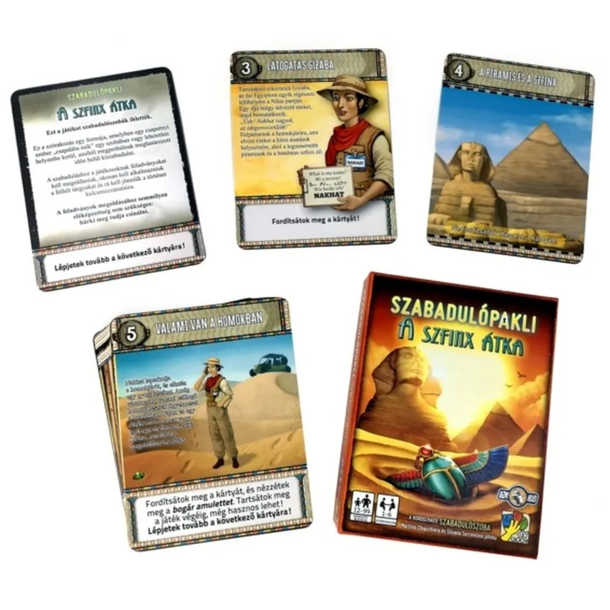 A Szabadulópakli – A Szfinx átka társasjáték doboza és több kártyája látható, egyiptomi témájú illusztrációkkal, piramisokkal és kalandor karakterekkel.