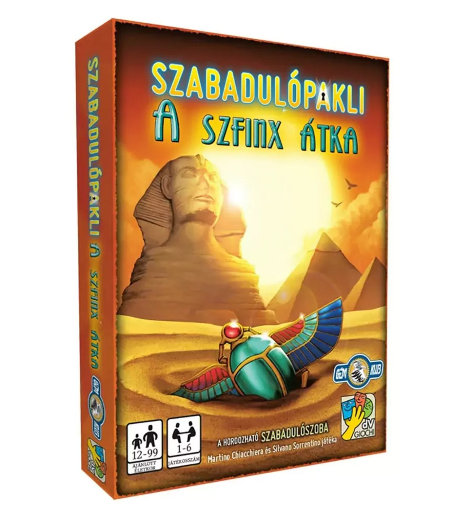 „Szabadulópakli – A Szfinx átka társasjáték doboza közelről, a Szfinx és piramisok grafikájával, arany tónusú egyiptomi hangulatban.”