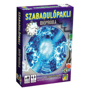 A Szabadulópakli: Időpróba társasjáték doboza, amelyen egy világító, kék színű időkapu vagy energiaörvény látható, klasszikus órával és csövekkel keretezve, a sci-fi és időutazás hangulatát idézve.