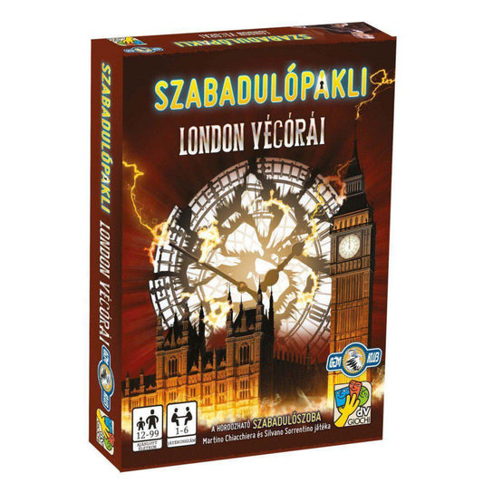 A Szabadulópakli: London vészórái társasjáték doboza, amelyen a Big Ben óratornya és egy villámokkal szétrepedt óralap látható vöröses háttér előtt.