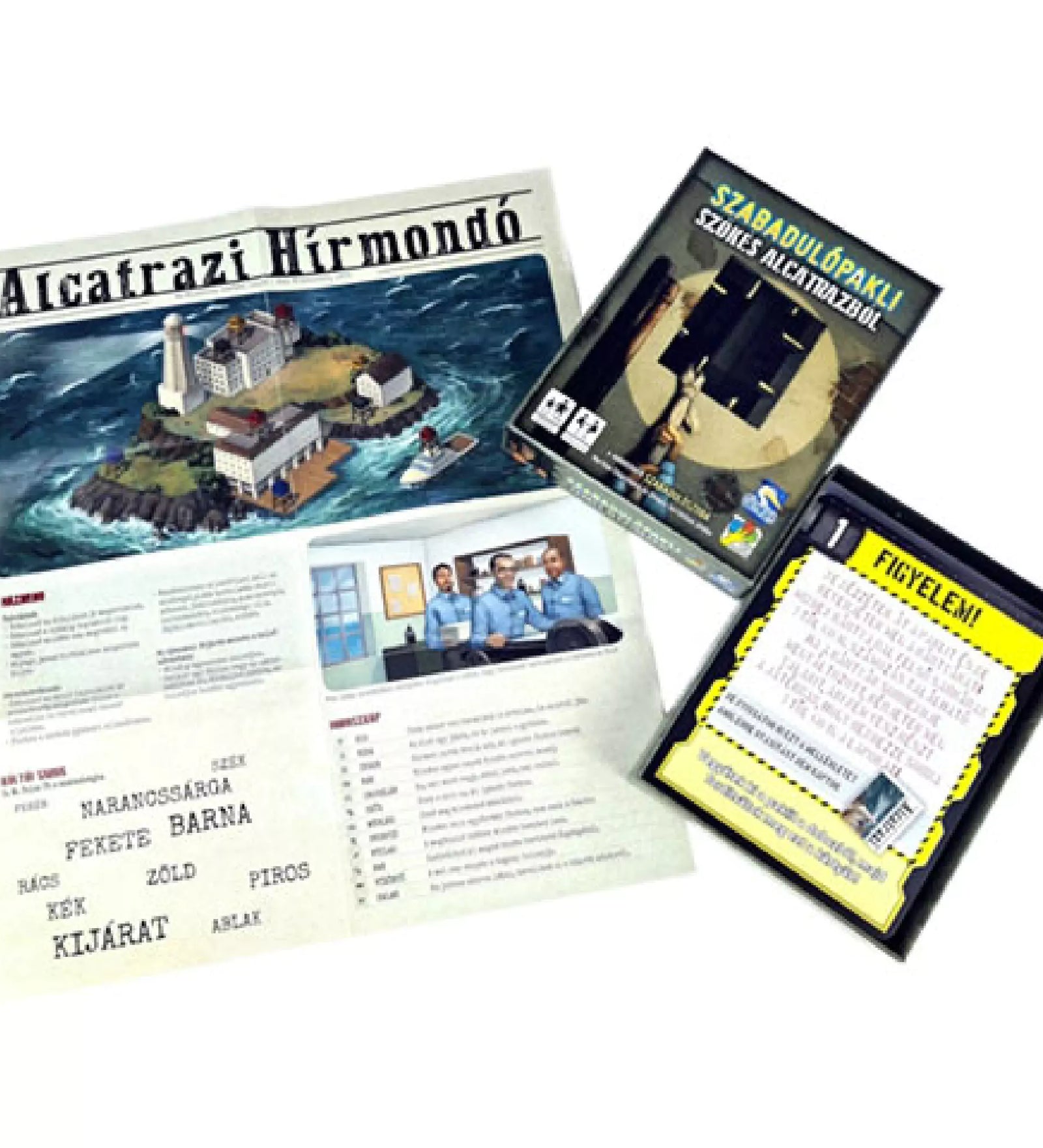 A Szabadulópakli – Szökés Alcatrazból társasjáték tartalma, köztük az Alcatrazi Hírmondó újságszerű játékelem, a doboz és a figyelmeztető kártyák, amelyek segítenek elmerülni a börtönből való szökés történetében.