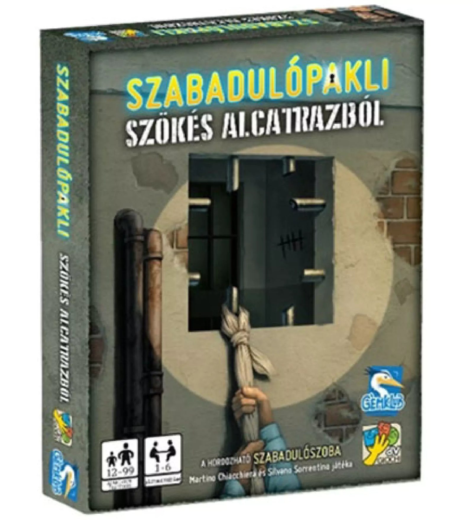 Szabadulópakli – Szökés Alcatrazból társasjáték doboza, melyen egy börtönrácsokat feszítő kéz és falra karcolt strigulák láthatók, a játék témáját idézve.