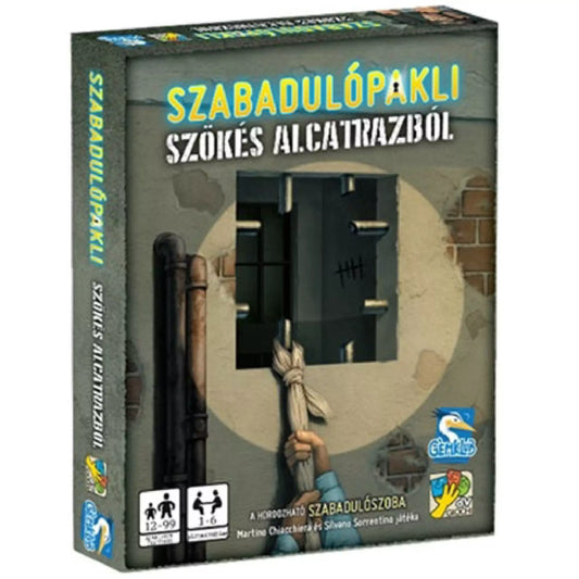 Szabadulópakli – Szökés Alcatrazból társasjáték doboza, melyen egy börtönrácsokat feszítő kéz és falra karcolt strigulák láthatók, a játék témáját idézve.