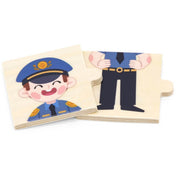 Viga Matching Profession Puzzle Set – rendőr figurát ábrázoló fa puzzle két része, a felsőtest és az alsótest elemei.