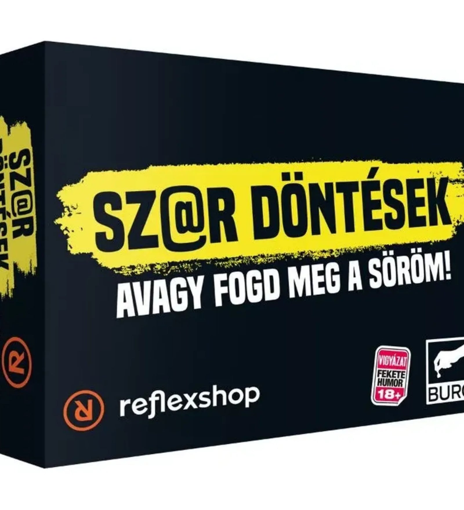 Sz@r döntések – Avagy fogd meg a söröm! magyar nyelvű társasjáték doboza perspektívából, fekete alapon sárga festéksávos logóval, 18+ fekete humor jelzéssel és BuRó kiadó logóval.