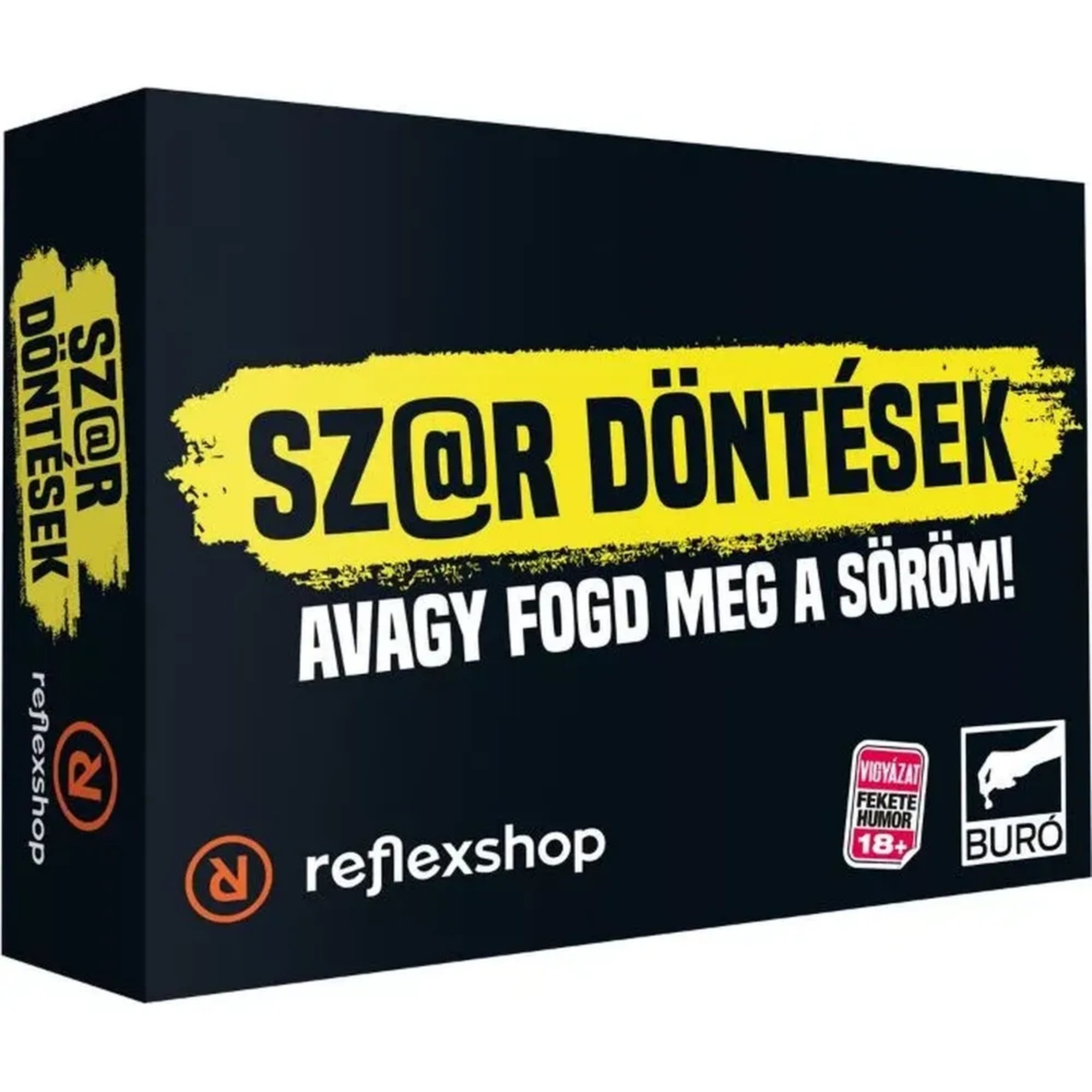 Sz@r döntések – Avagy fogd meg a söröm! magyar nyelvű társasjáték doboza perspektívából, fekete alapon sárga festéksávos logóval, 18+ fekete humor jelzéssel és BuRó kiadó logóval.