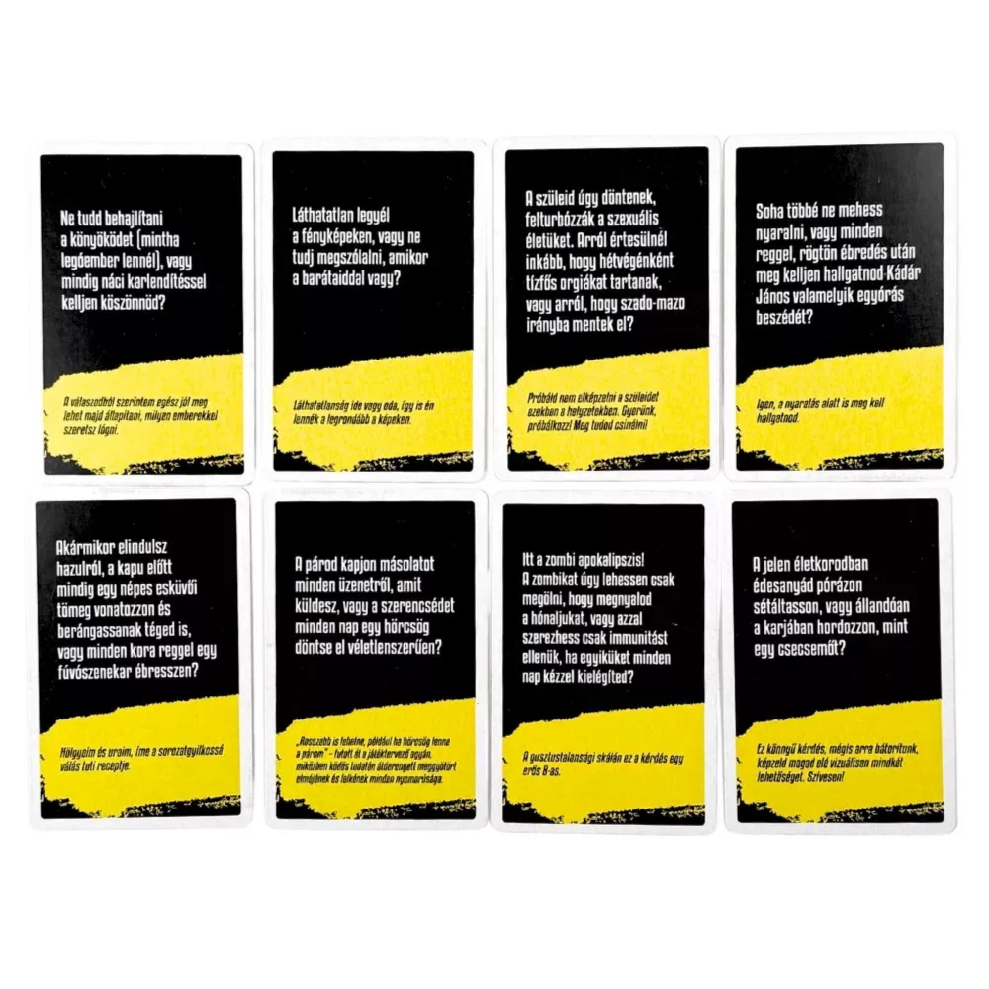 Sz@r döntések társasjáték kérdéskártyái kiterítve, fekete háttérrel, sárga kiemelésekkel és provokatív, humoros magyar szövegezéssel.