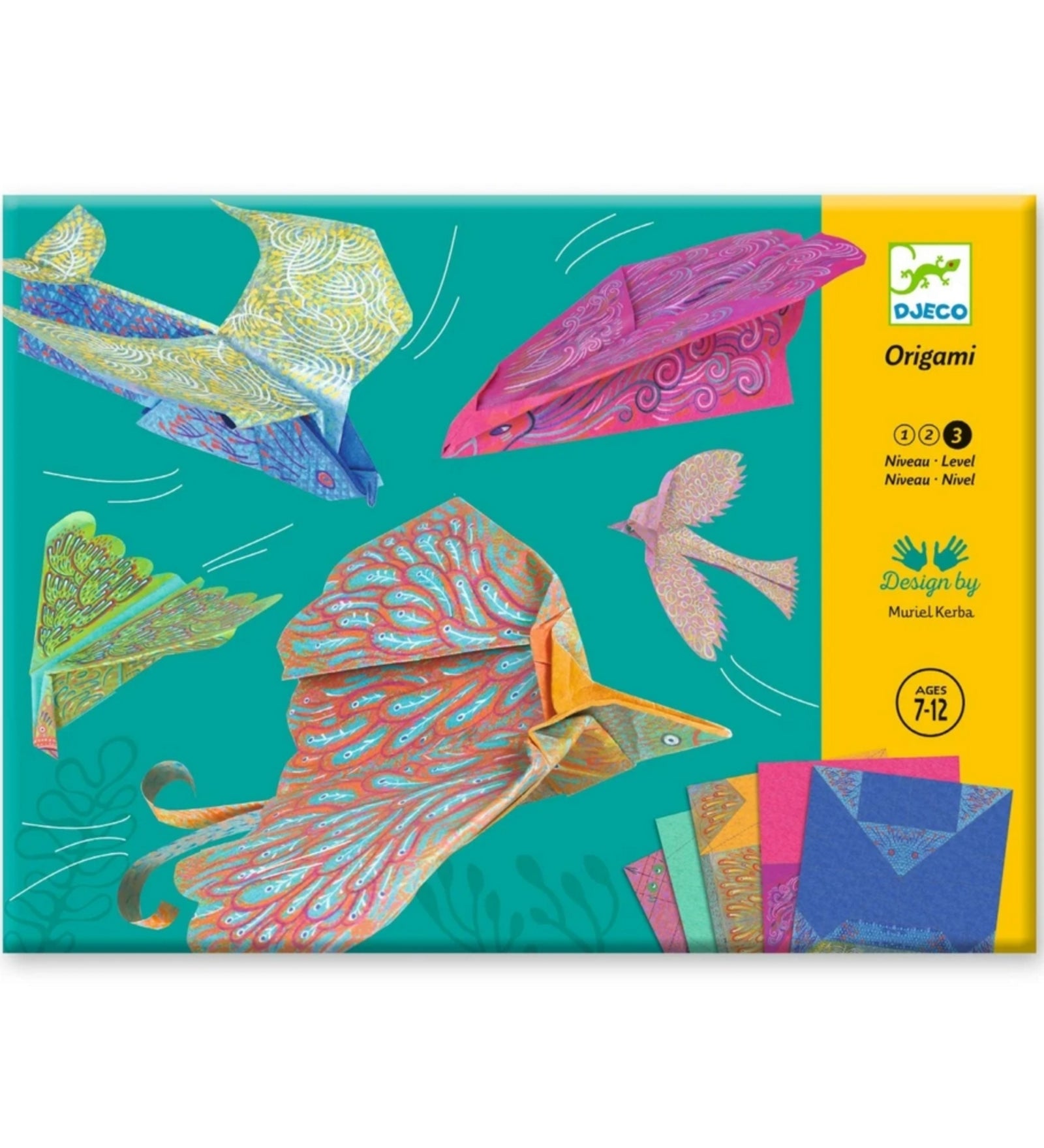 Djeco Origami Szárnyaló madarak kreatív készlet doboza, színes, mintás papírmadarakkal, 7–12 éveseknek.