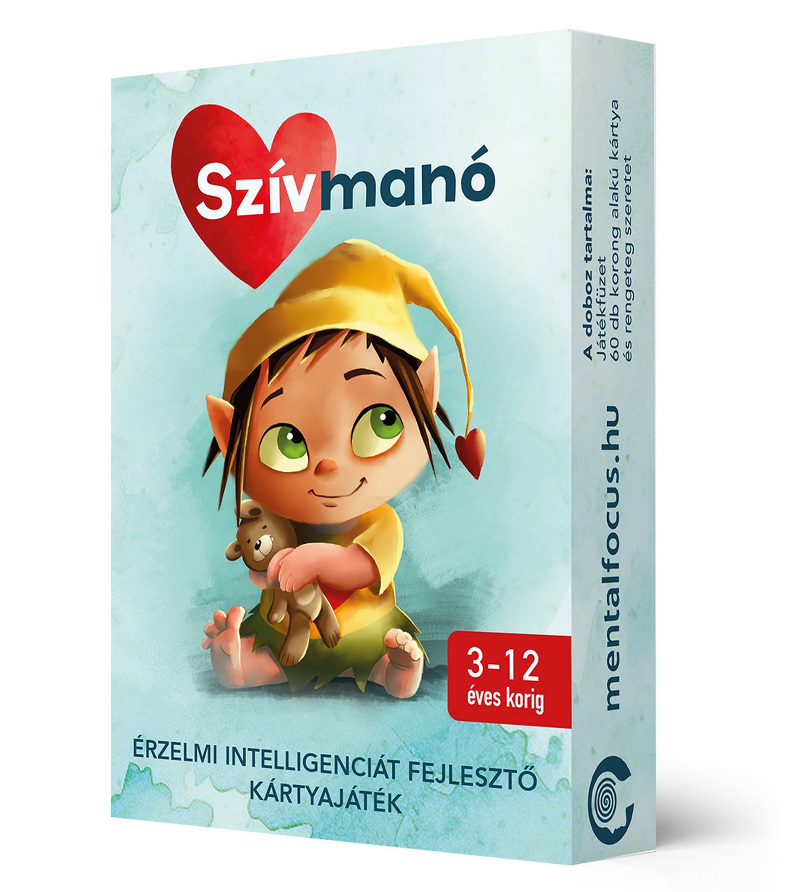 Szívmanó érzelmi intelligenciát fejlesztő kártyajáték doboza, 3–12 éves gyermekeknek készült fejlesztő játék.