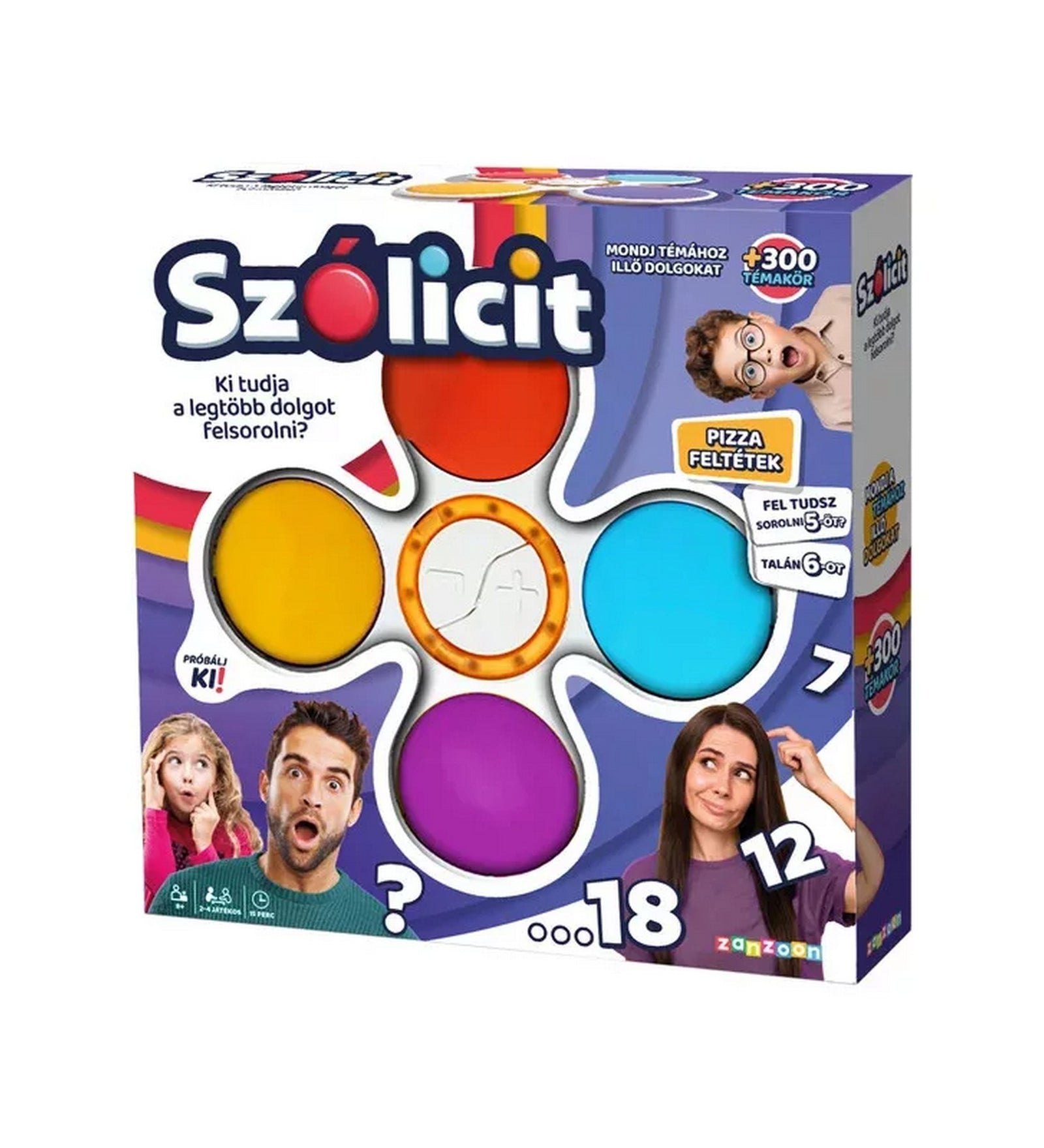 A Szólicit interaktív társasjáték doboza, színes kialakítással és négy nagy gombbal (piros, sárga, kék, lila). A dobozon látható a „Ki tudja a legtöbb dolgot felsorolni?” felirat, valamint a játékosok meglepett és gondolkodó arca.