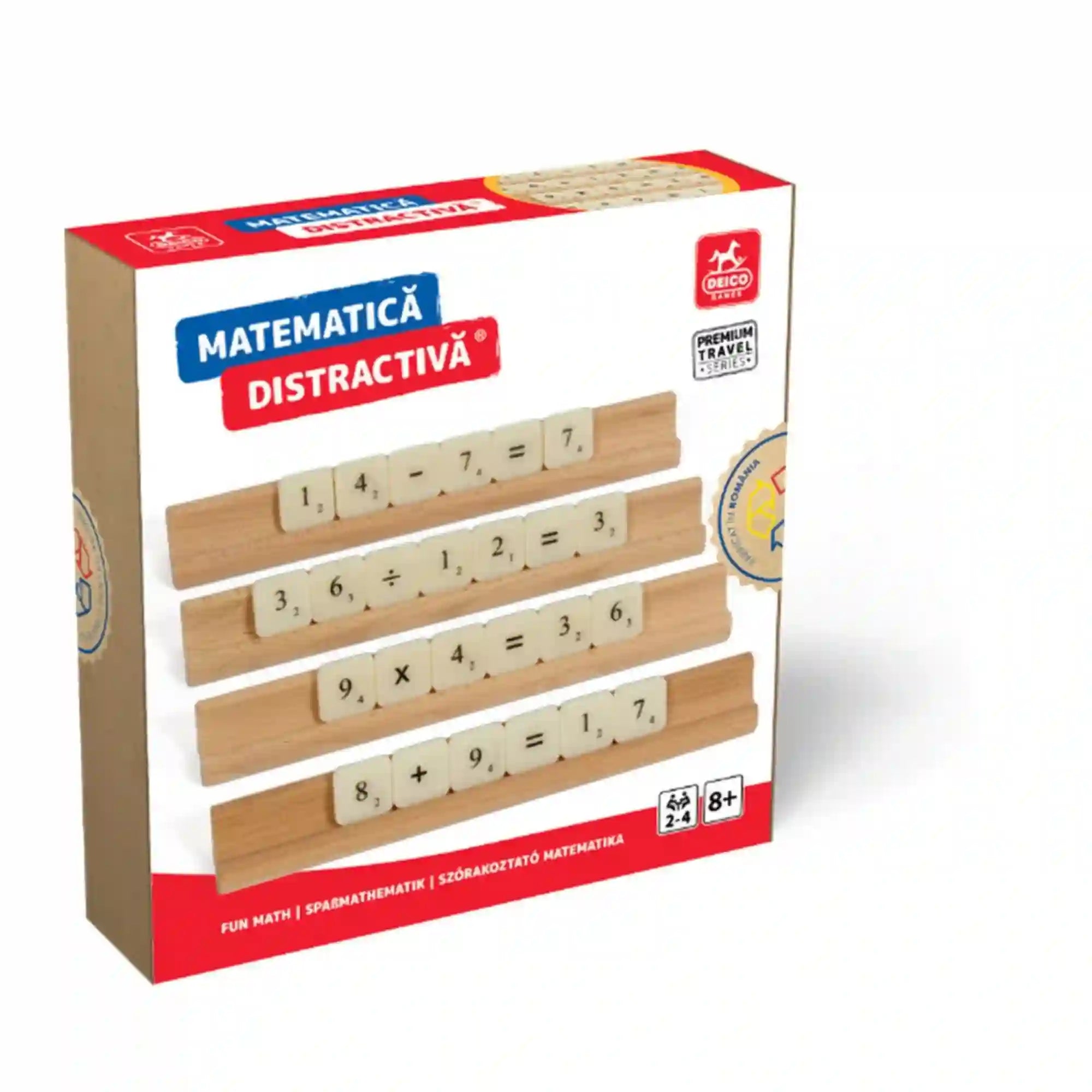 Matematică distractivă társasjáték doboza, szám- és műveletlapkákkal kirakott matematikai feladatokkal.