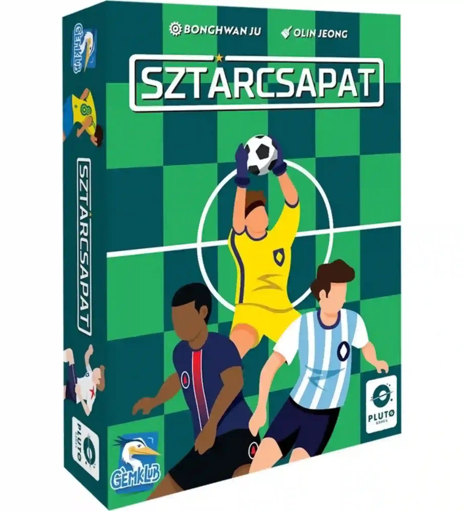 A Sztárcsapat társasjáték doboza zöld futballpálya háttérrel és három focistát ábrázoló illusztrációval. A dobozkép a futballcsapat építésének és menedzselésének hangulatát jeleníti meg.