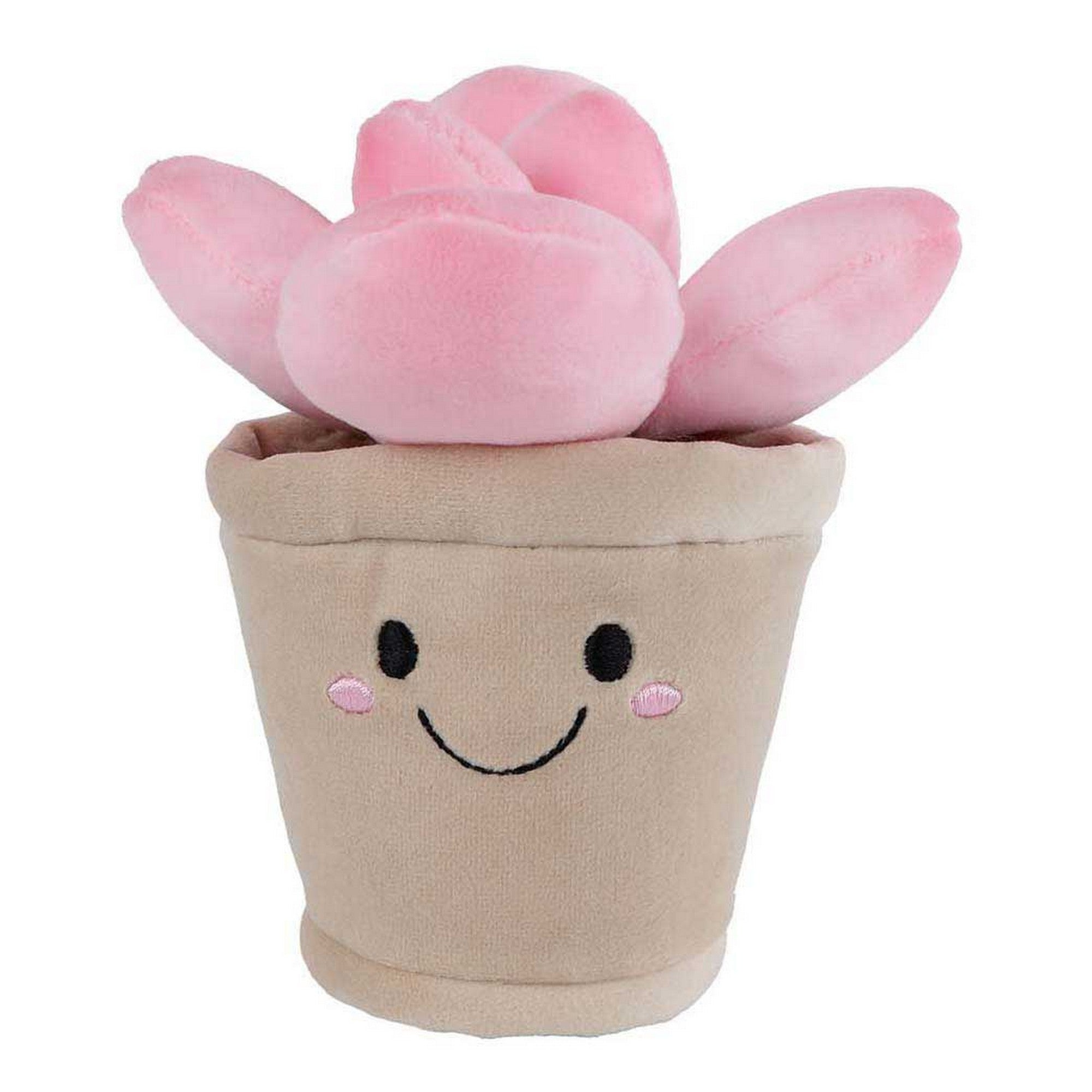 Rózsaszín pozsgás növény plüssfigura mosolygós virágcserépben, puha rózsaszín levelekkel, aranyos dekoráció fehér háttér előtt.