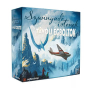 A Szunnyadó istenek – Távoli égboltok társasjáték magyar kiadásának doboza elölnézetből, festményszerű illusztrációval: repülőgép, hatalmas mitikus lény és lebegő szigetek egy fantasy hangulatú égbolt előtt.