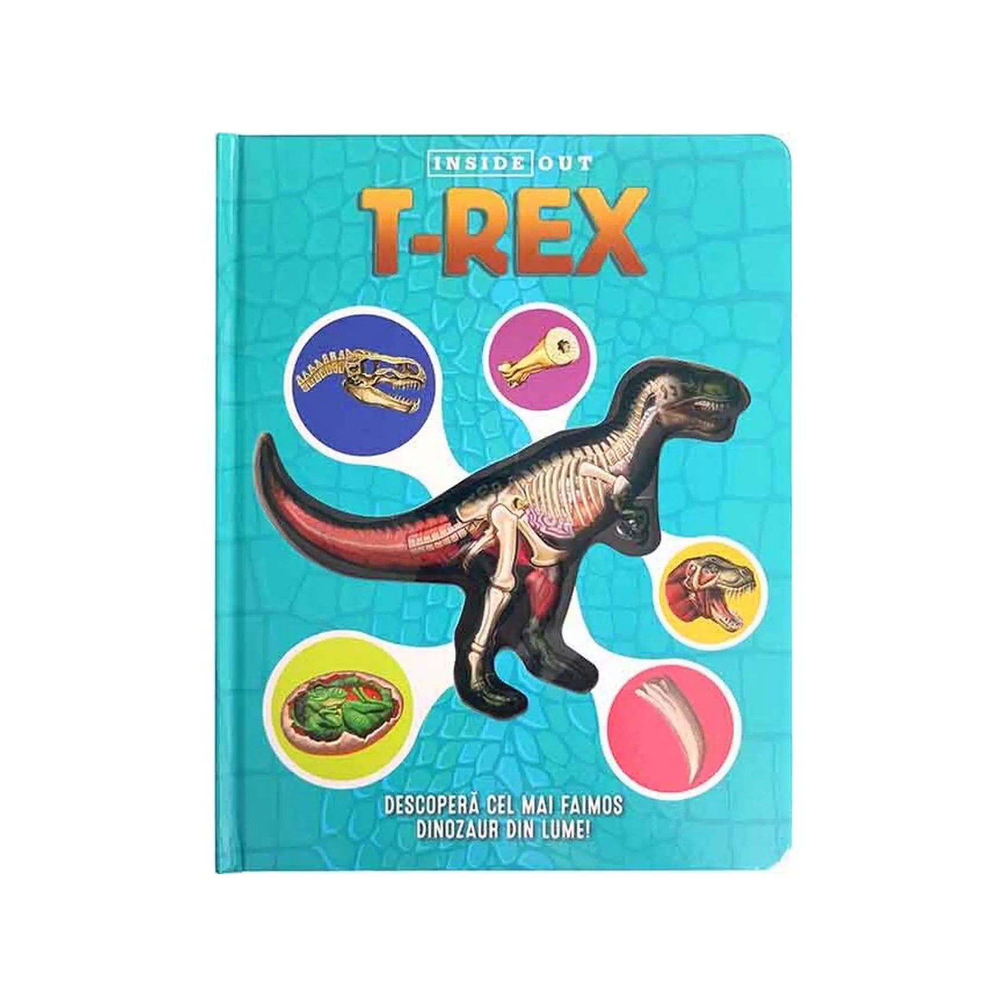A "T-Rex" című román nyelvű könyv borítója, amely egy interaktív, ismeretterjesztő kiadvány a világ leghíresebb dinoszauruszáról.