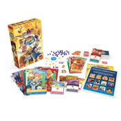 Tag Team társasjáték teljes tartalma kiterítve: doboz, karakter- és akciókártyák, jelölők, korongok, kártyapaklik és szabálykönyv rendezett elrendezésben.