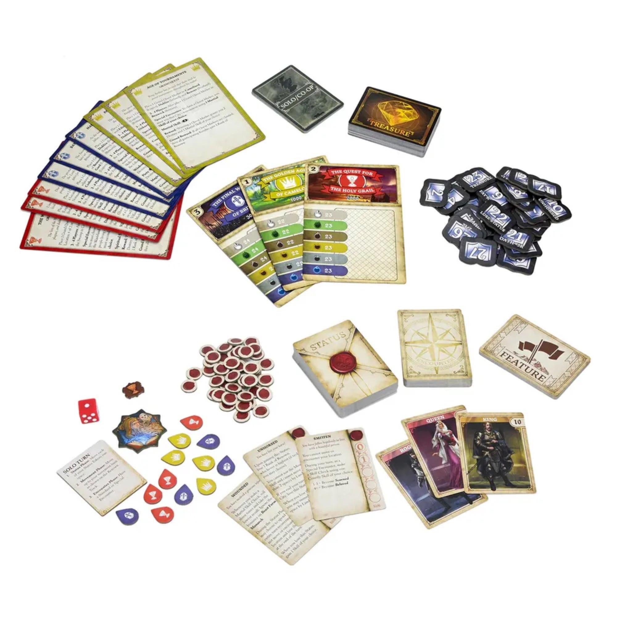 A Tales of the Arthurian Knights társasjáték komponensei közelről: színes kártyák, jelzők, tokenek, dobókocka és különböző paklik. A lapokon legendás alakok, küldetések és státuszok szerepelnek, melyek a játék során meghatározzák a lovagok kalandjait.