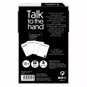 Talk to the Hand, felnőtteknek szóló partijáték – a doboz hátlapja román nyelvű leírással, amely kiemeli a játék egyszerűségét, humorát és 500 kártyás tartalmát.