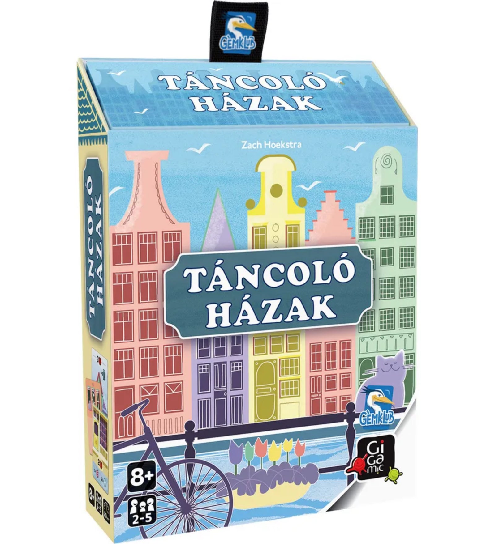 Táncoló Házak társasjáték doboza színes, amszterdami stílusú homlokzatokkal és pasztell városi illusztrációval.