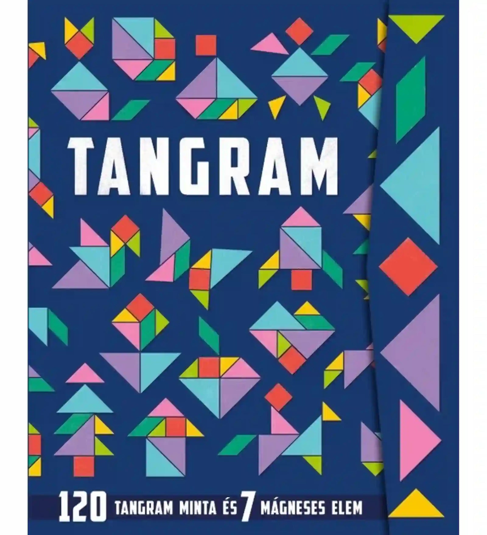 Tangram – 120 tangram minta és 7 mágneses elem könyv borítója színes tangram figurákkal és mágneses kirakóelemekkel.