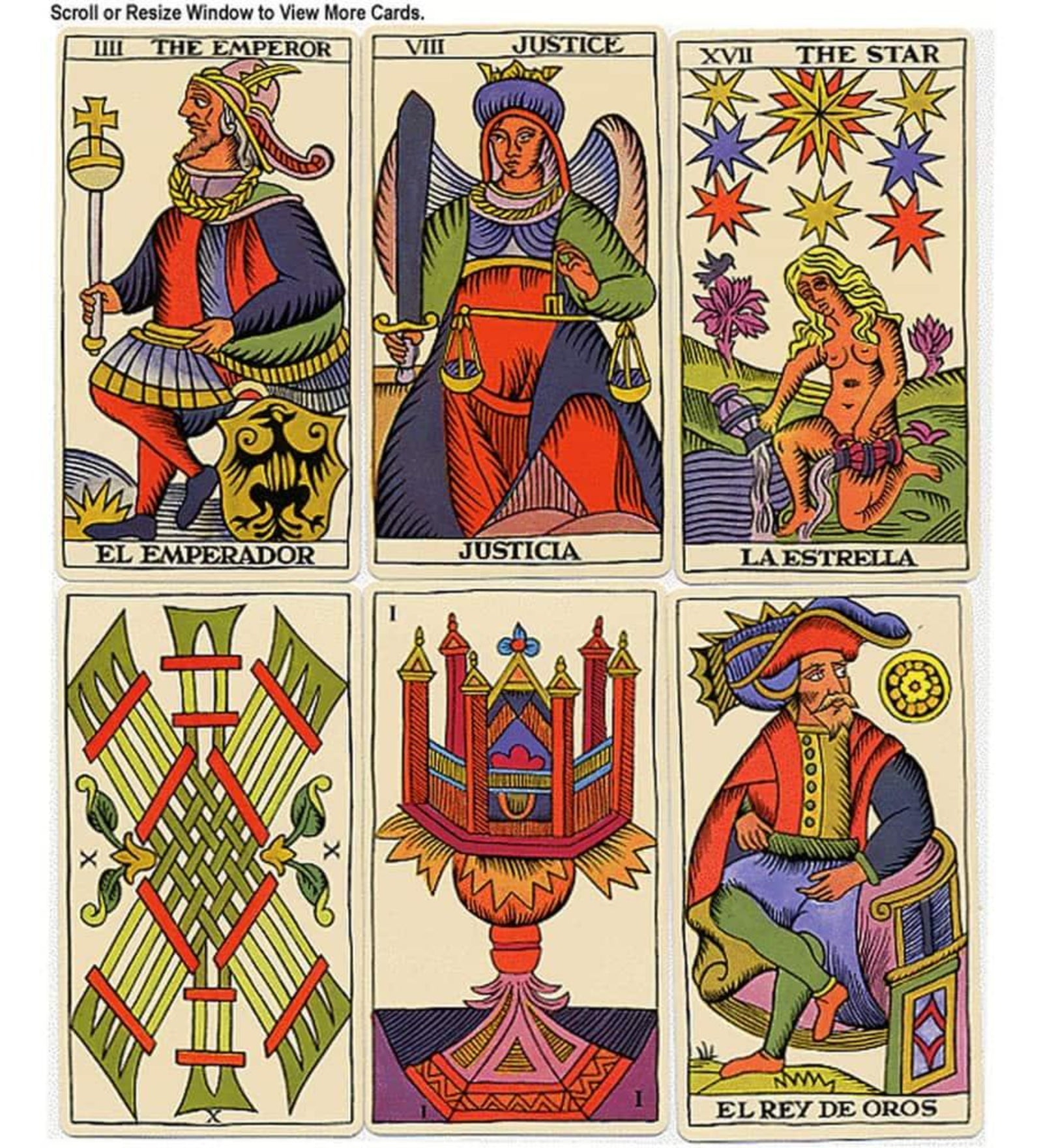A képen a Spanish Tarot Español pakli néhány színes lapja látható, klasszikus spanyol stílusban illusztrálva. A felső sorban három nagy arkánum szerepel: El Emperador (A császár), Justicia (Igazság) és La Estrella (A csillag). Ezek a kártyák karakteres arcvonásokkal, élénk piros, kék, zöld és sárga színekben ábrázolják az archetípusokat. Az alsó sorban botok és pénzérmék motívumok jelennek meg, köztük El Rey de Oros (Az érmék királya) és különleges geometrikus mintázatú kisebb arkánum kártyák is.