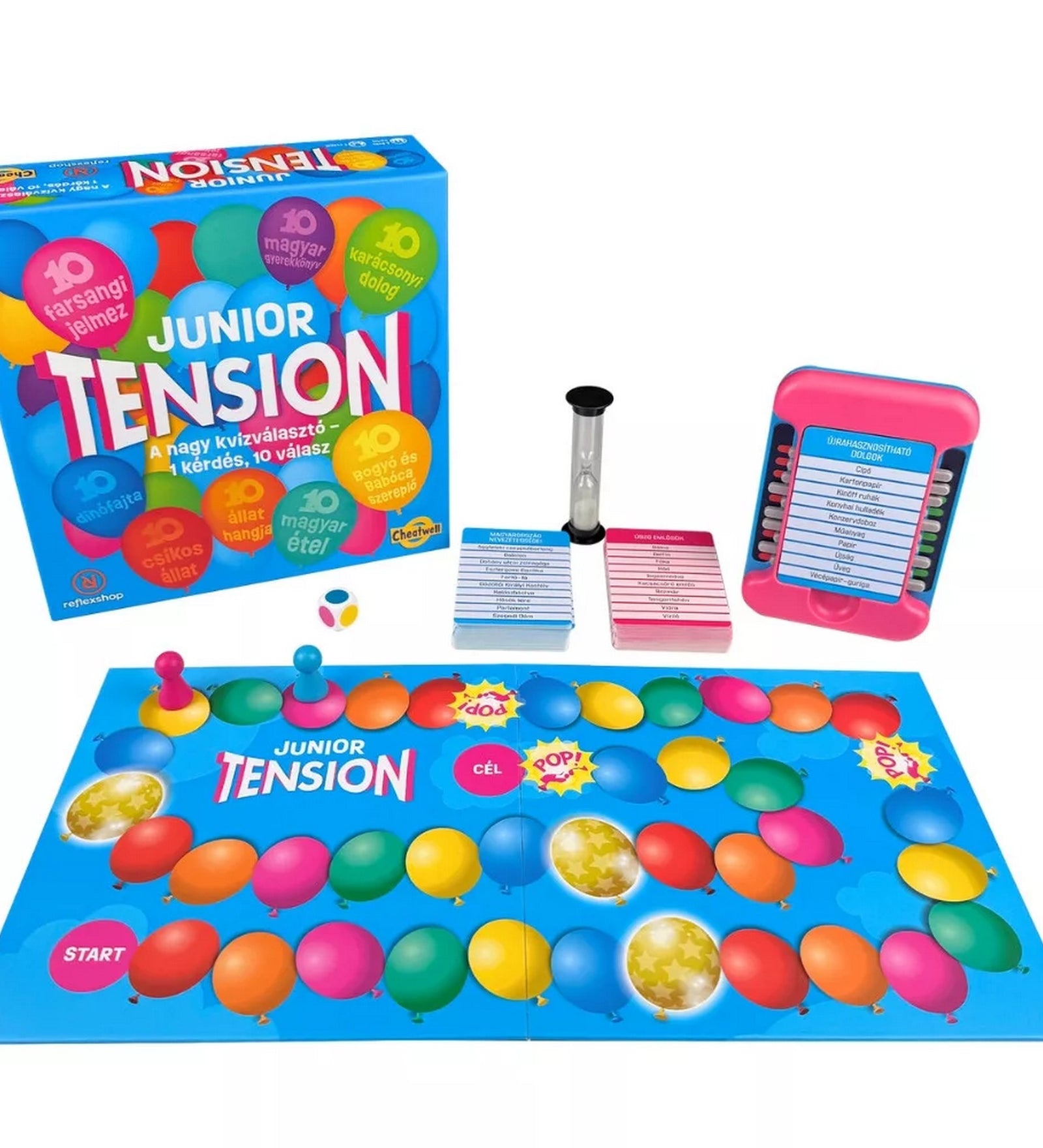 Junior Tension társasjáték teljes játékkészlet kiterítve, dobozzal, játéktáblával, kártyákkal, homokórával és kiegészítőkkel