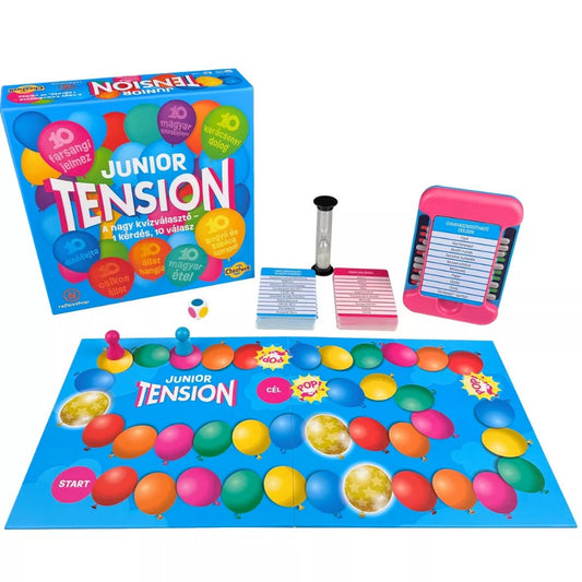 Junior Tension társasjáték teljes játékkészlet kiterítve, dobozzal, játéktáblával, kártyákkal, homokórával és kiegészítőkkel