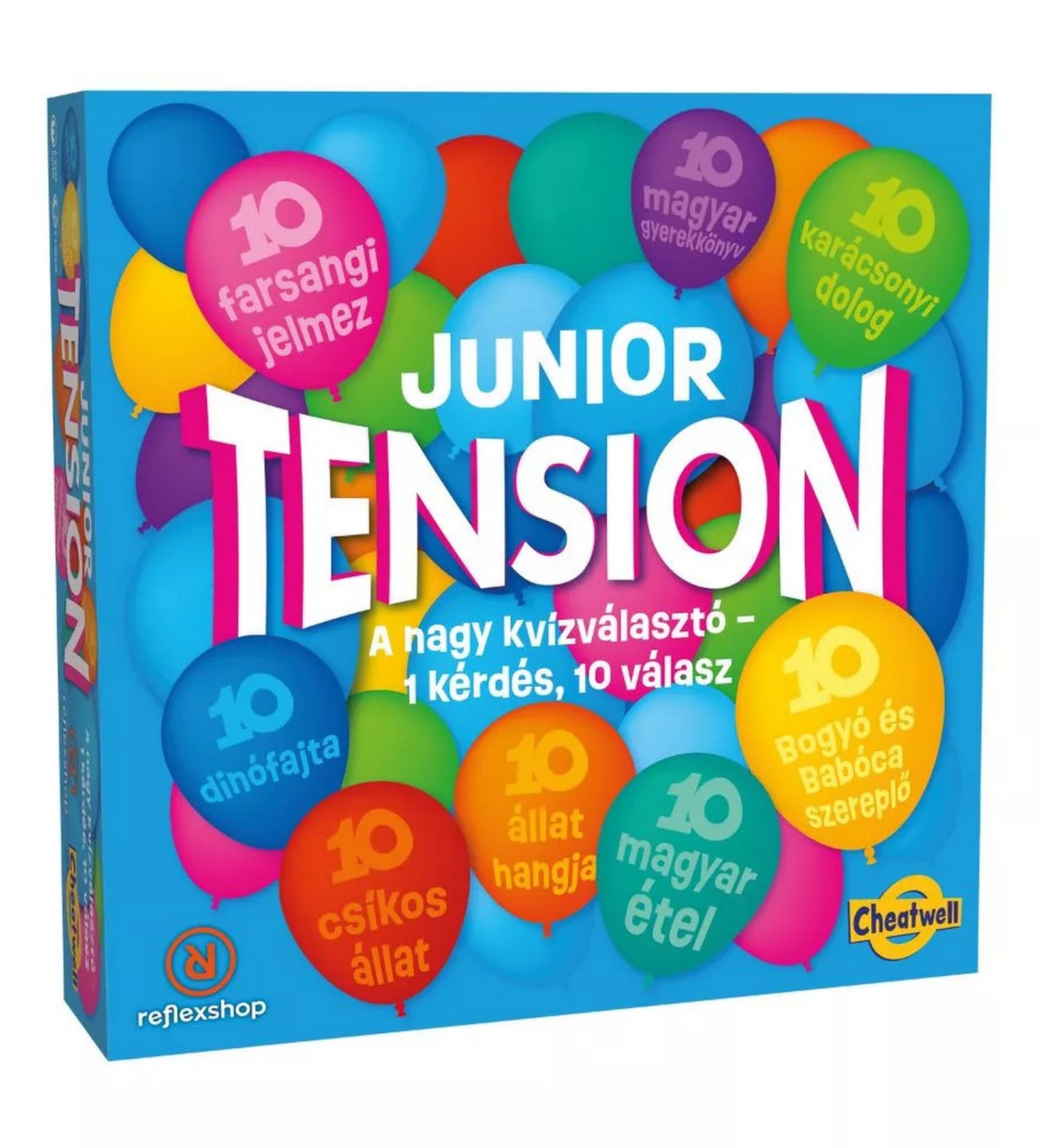 Junior Tension társasjáték dobozának előlapja színes lufis grafikával, kategóriákat bemutató feliratokkal és vidám dizájnnal