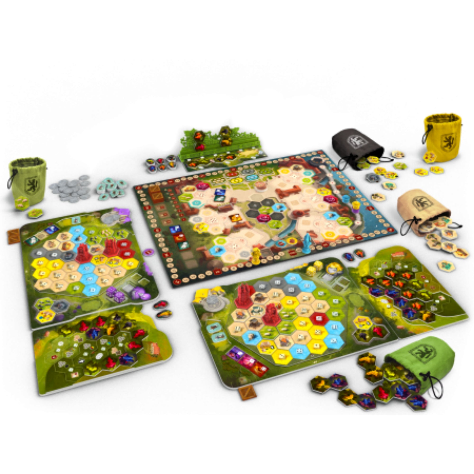 Társasjáték teljes játékképe kiterítve: központi tábla, játékostáblák, jelölők, tokenek és vászonzsákok.