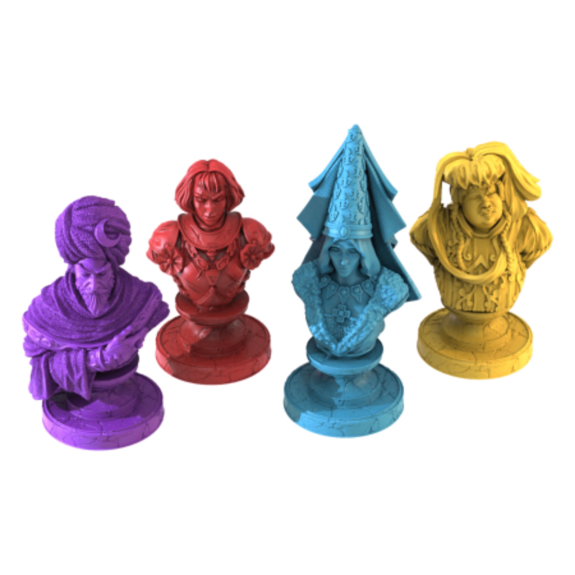 Színes, részletgazdag karakterbábuk – lila, piros, kék és sárga figurák díszes talapzaton.