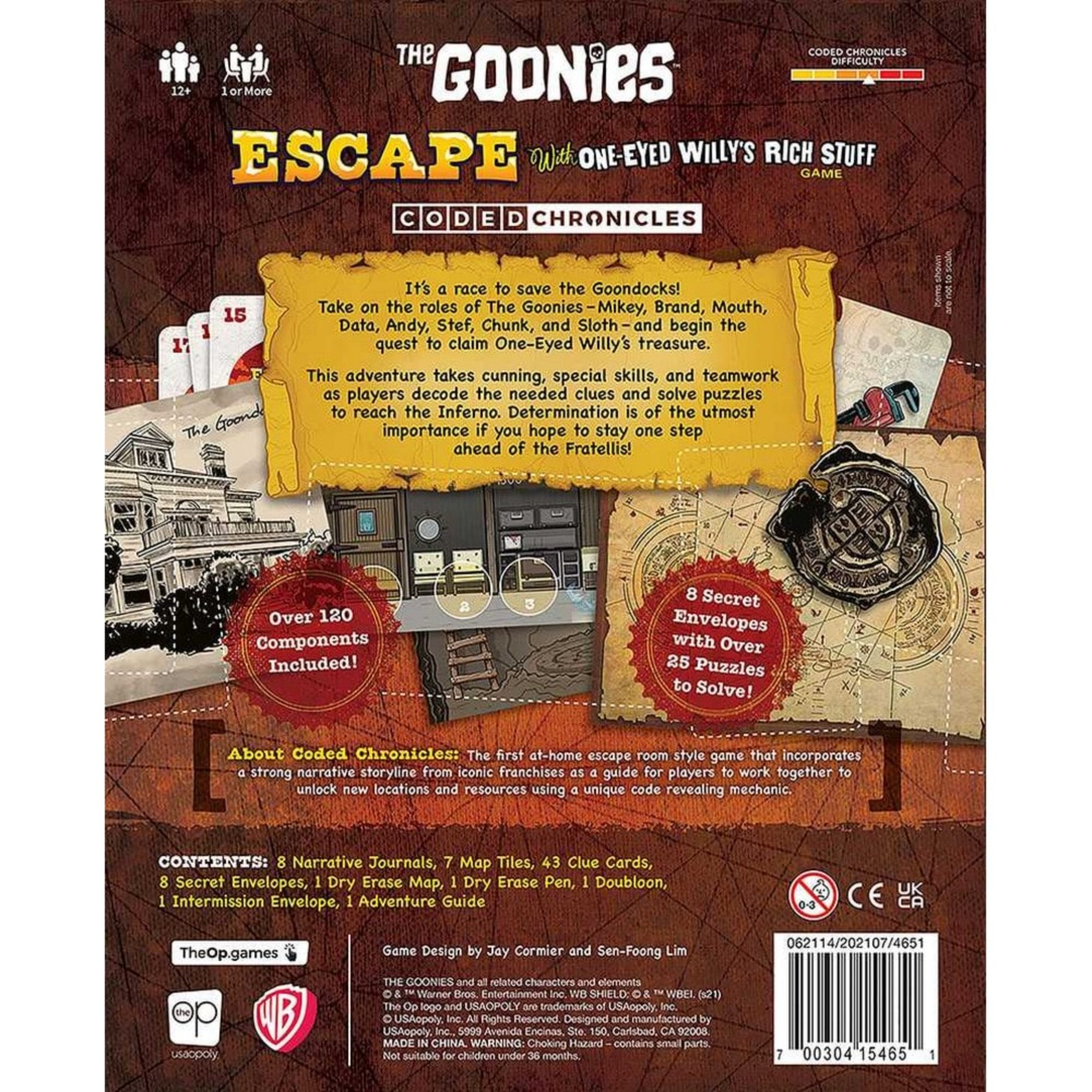 A The Goonies: Escape társasjáték hátoldala bemutatja a játékmenetet, tartozékokat és az izgalmas kalandtörténetet.