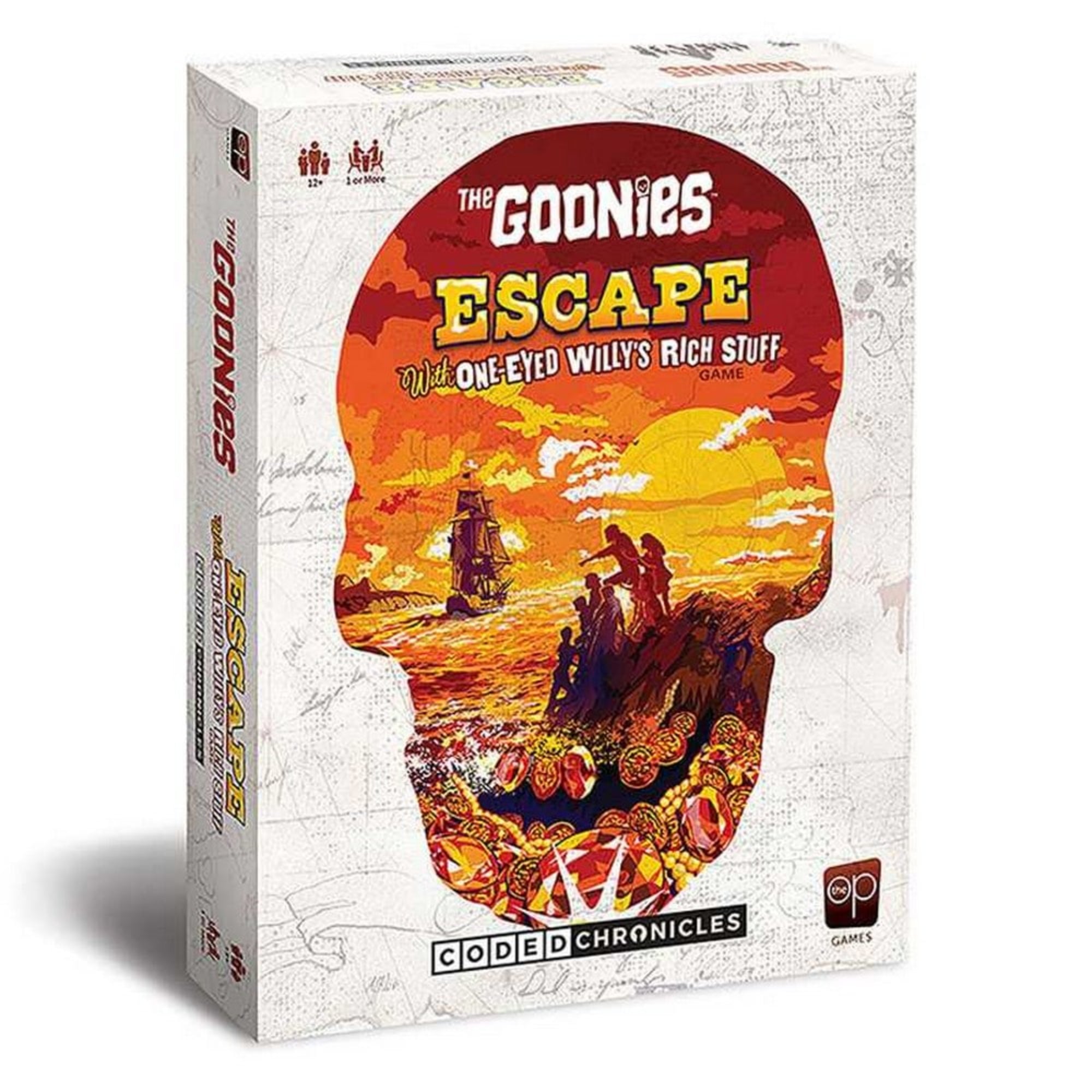 The Goonies: Escape with One-Eyed Willy's Rich Stuff társasjáték doboza, amelyen egy koponyát formáló térkép és kalózhajó jelenik meg naplementében.