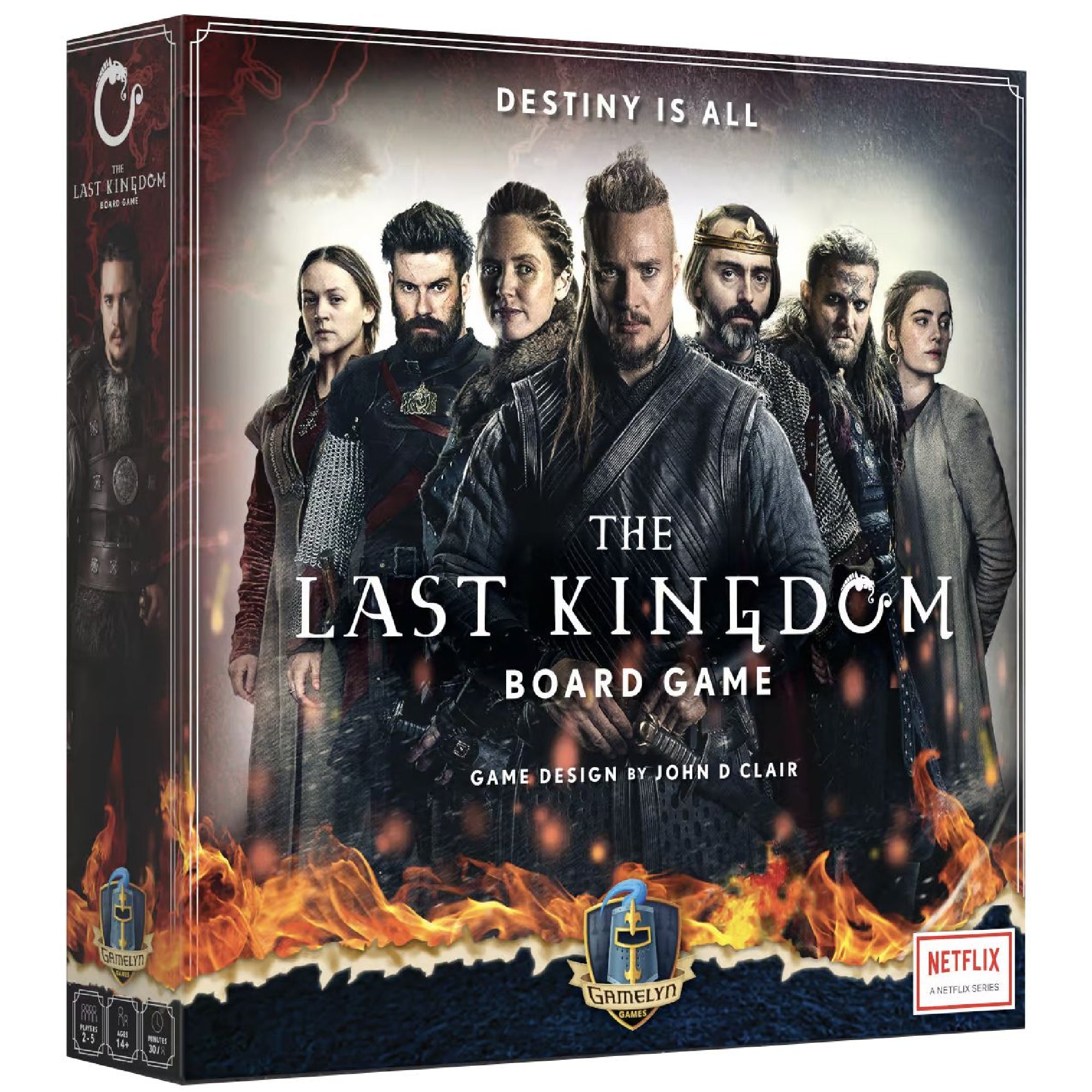A The Last Kingdom angol nyelvű társasjáték doboza, amelyen a Netflix sorozat főszereplői láthatók drámai beállításban, háttérben tüzes motívummal. A doboz kiemeli, hogy a játék a Gamelyn Games kiadásában jelent meg, John D. Clair tervezésében.