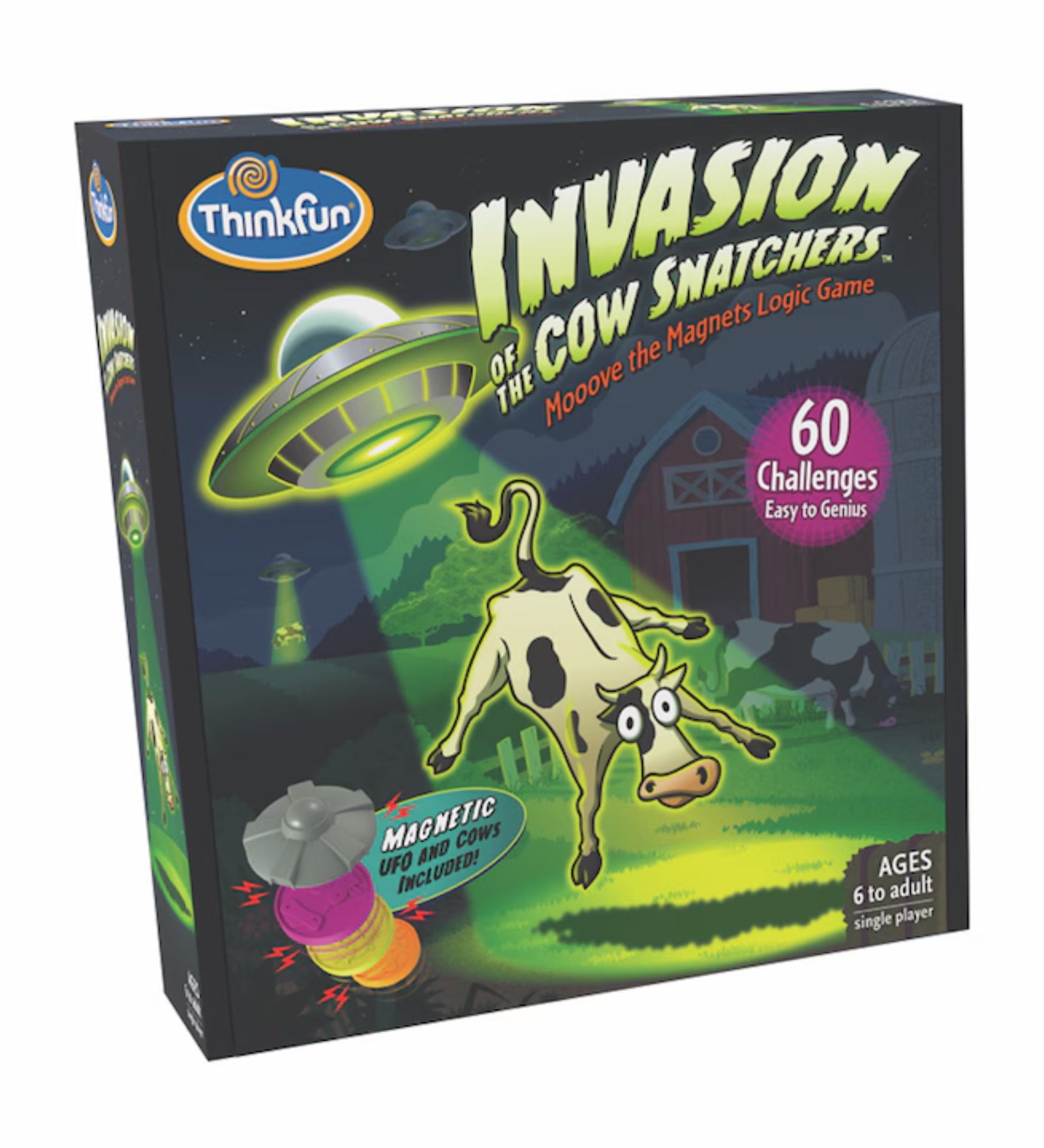 ThinkFun – Invasion of the Cow Snatchers játék dobozának előlapja, UFO által elrabolt tehén illusztrációval és a 60 kihívást tartalmazó felirattal.