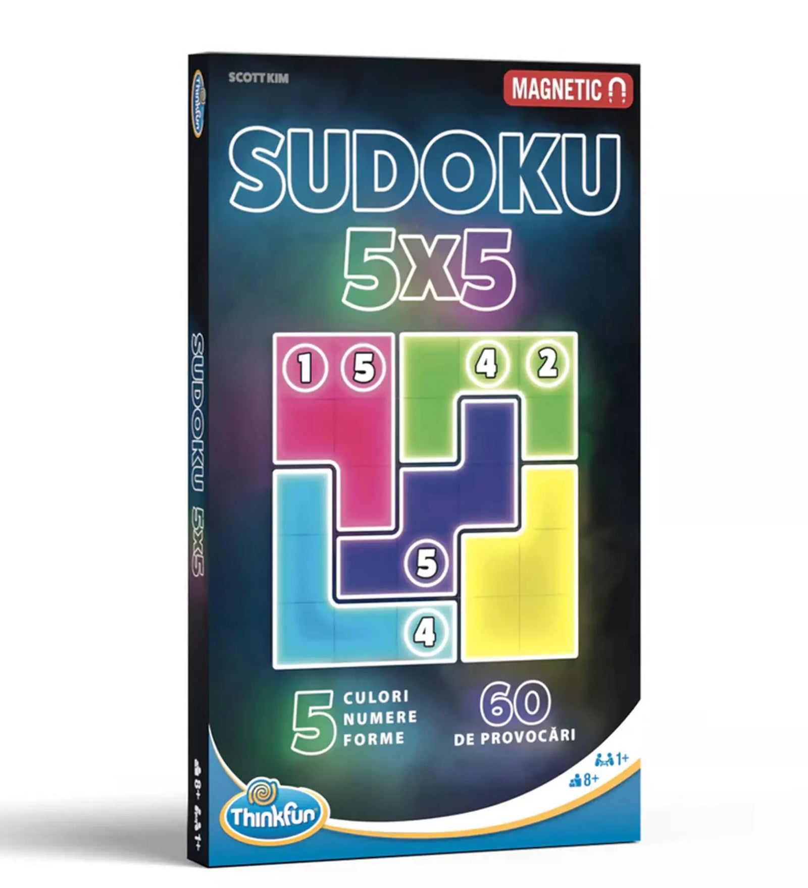 A Thinkfun Mágneses Sudoku 5x5 doboza, amely sötét háttéren világító betűkkel és színes sudoku rács grafikával hirdeti az 5x5-ös logikai játékot, amely 60 kihívást tartalmaz.