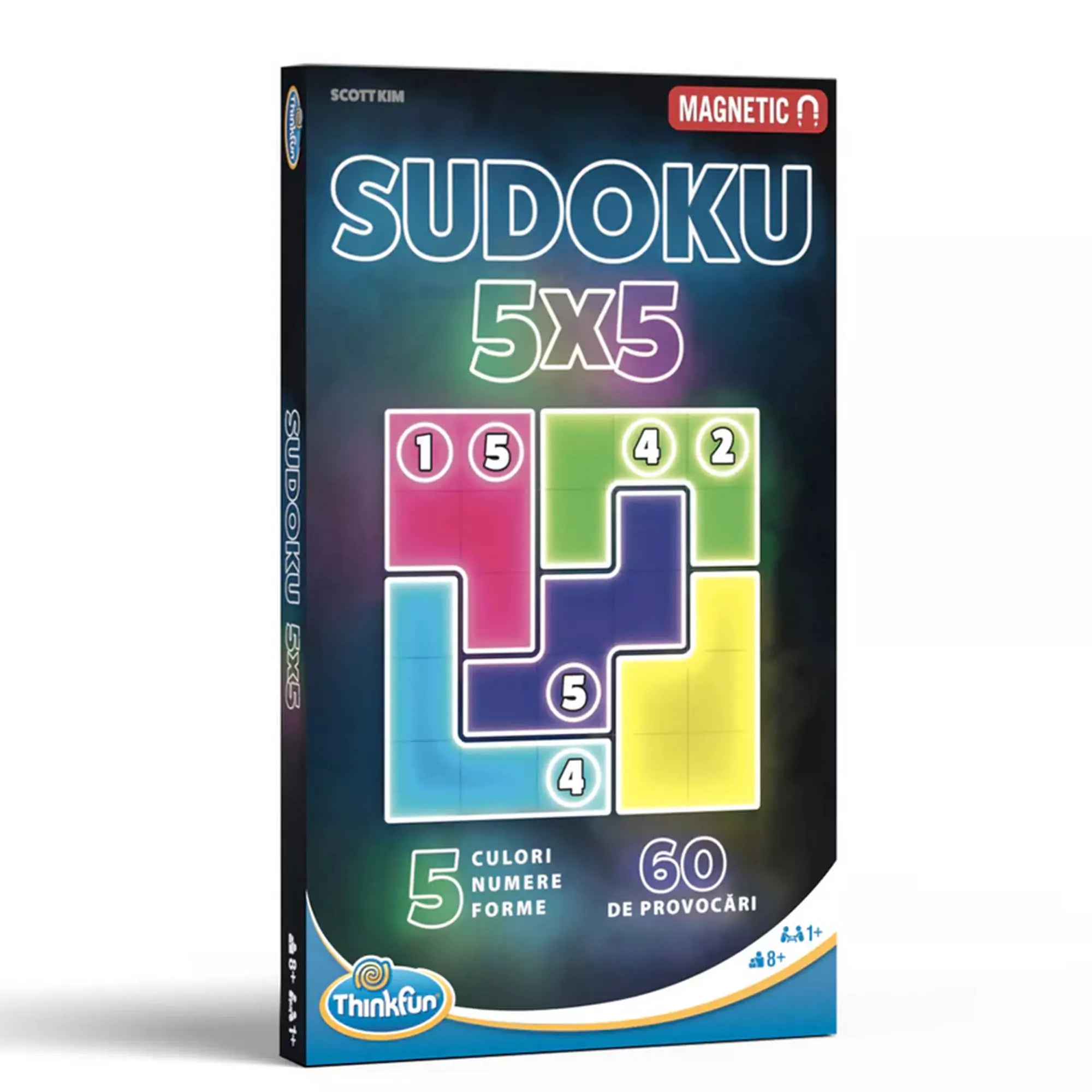 A Thinkfun Mágneses Sudoku 5x5 doboza, amely sötét háttéren világító betűkkel és színes sudoku rács grafikával hirdeti az 5x5-ös logikai játékot, amely 60 kihívást tartalmaz.