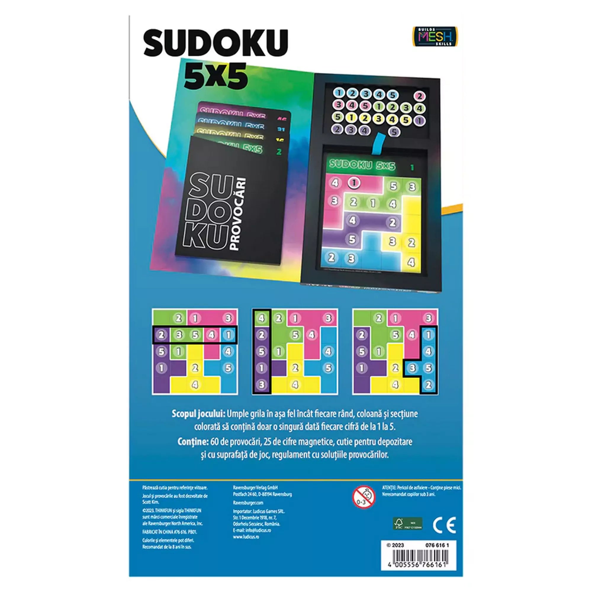 A Thinkfun Mágneses Sudoku 5x5 dobozának hátoldala, amely részletezi a játék szabályait és tartalmát. Színes háttéren egy nyitott játéktábla, mágneses számok és kihíváskártyák láthatók.