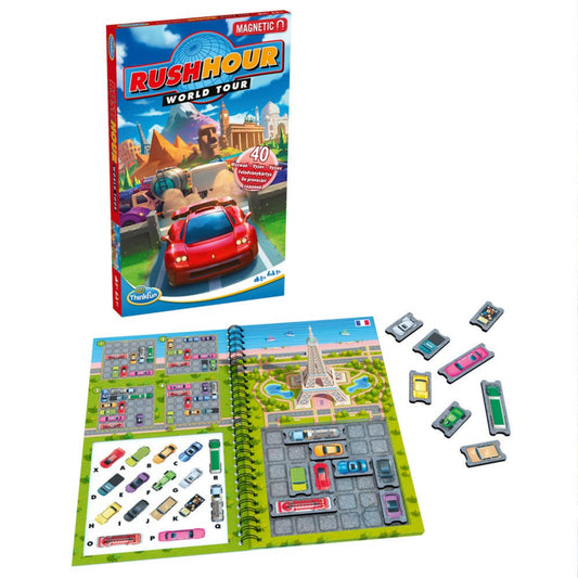 Thinkfun Rush Hour World Tour játék doboza és nyitott mágneses füzet pályával, Eiffel-torony illusztrációval és kivehető autófigurákkal.