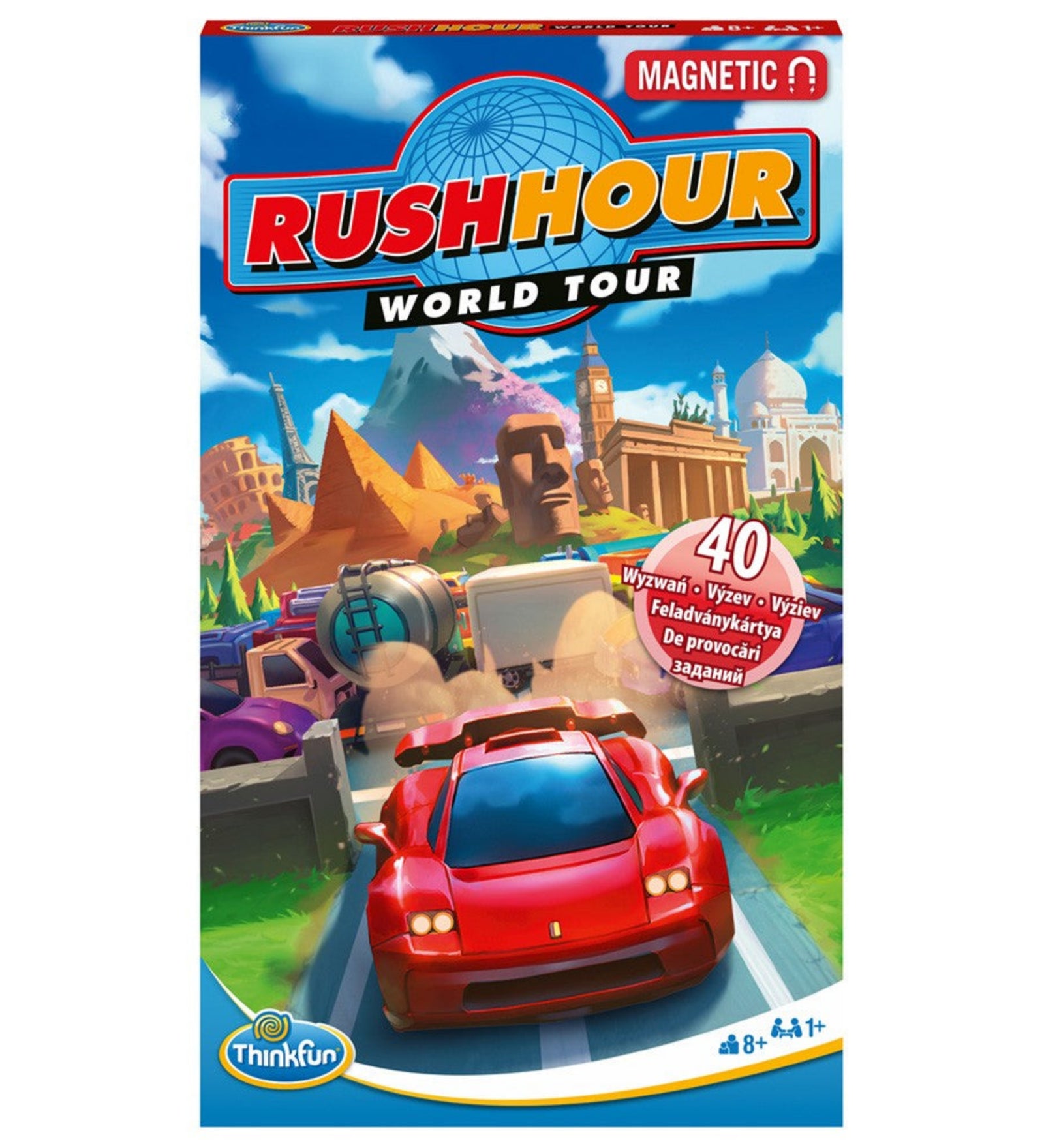 Thinkfun Rush Hour World Tour mágneses logikai játék doboz eleje, piros autóval és világvárosok ikonikus épületeivel illusztrálva.