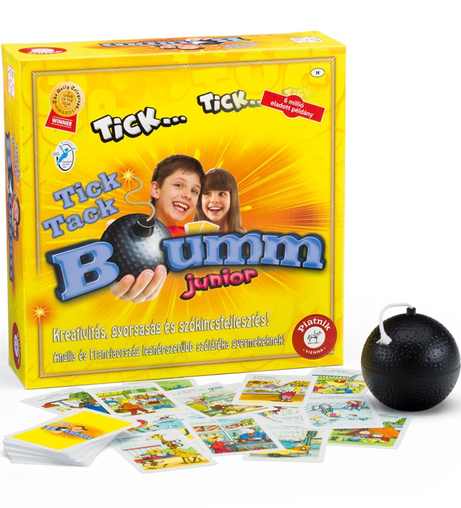 Tick Tack Bumm Junior társasjáték doboza magyar nyelven, játékkártyákkal és a jellegzetes fekete bombával.
