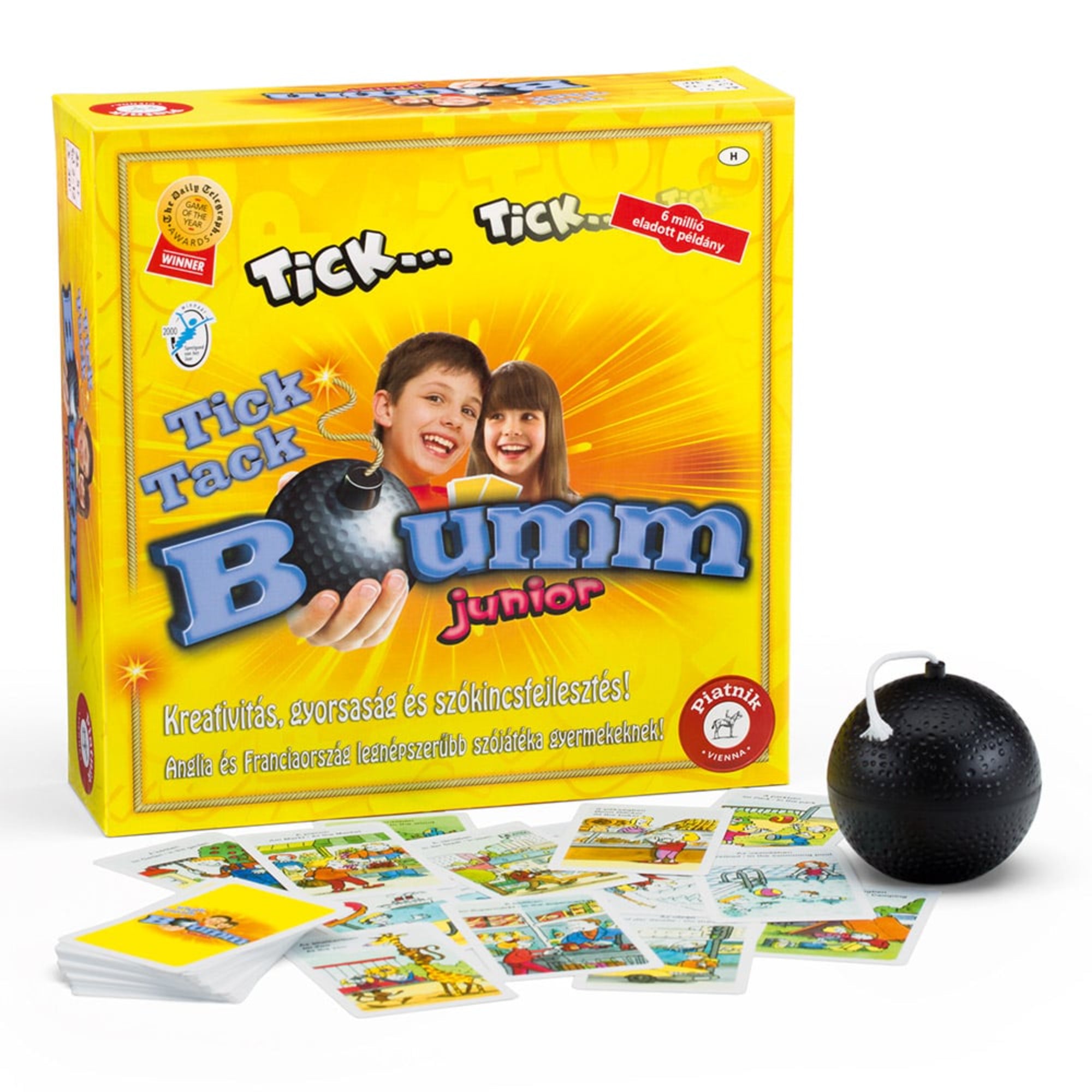 Tick Tack Bumm Junior társasjáték doboza magyar nyelven, játékkártyákkal és a jellegzetes fekete bombával.