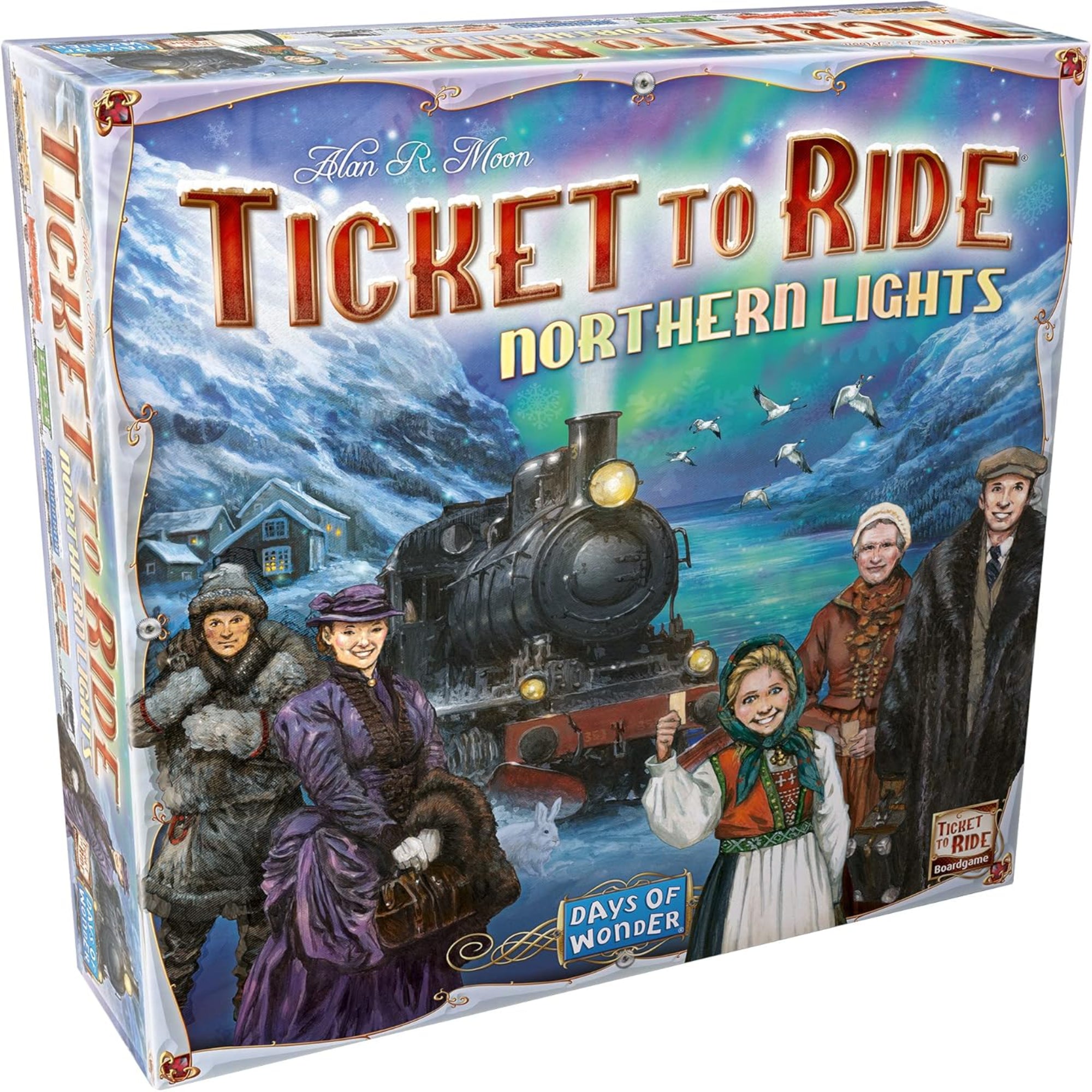 A Ticket to Ride: Northern Lights doboza, rajta gőzmozdony és utasok havas, északi tájon az aurora borealis alatt.