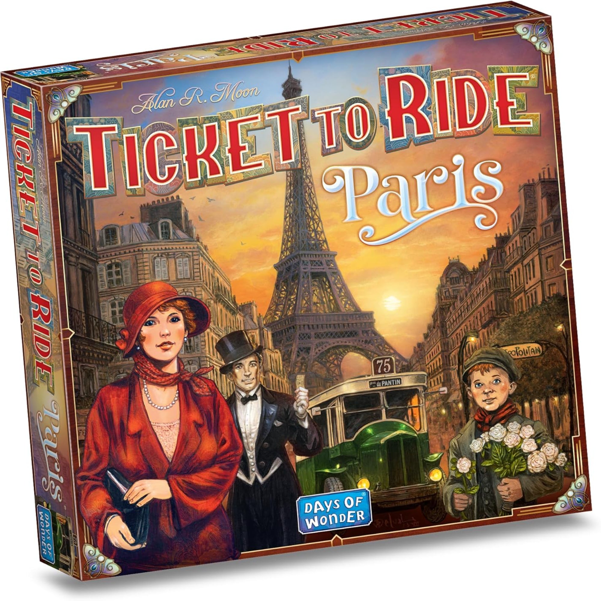 A Ticket to Ride: Paris doboza, rajta az Eiffel-torony és korhű párizsi szereplők naplementében.